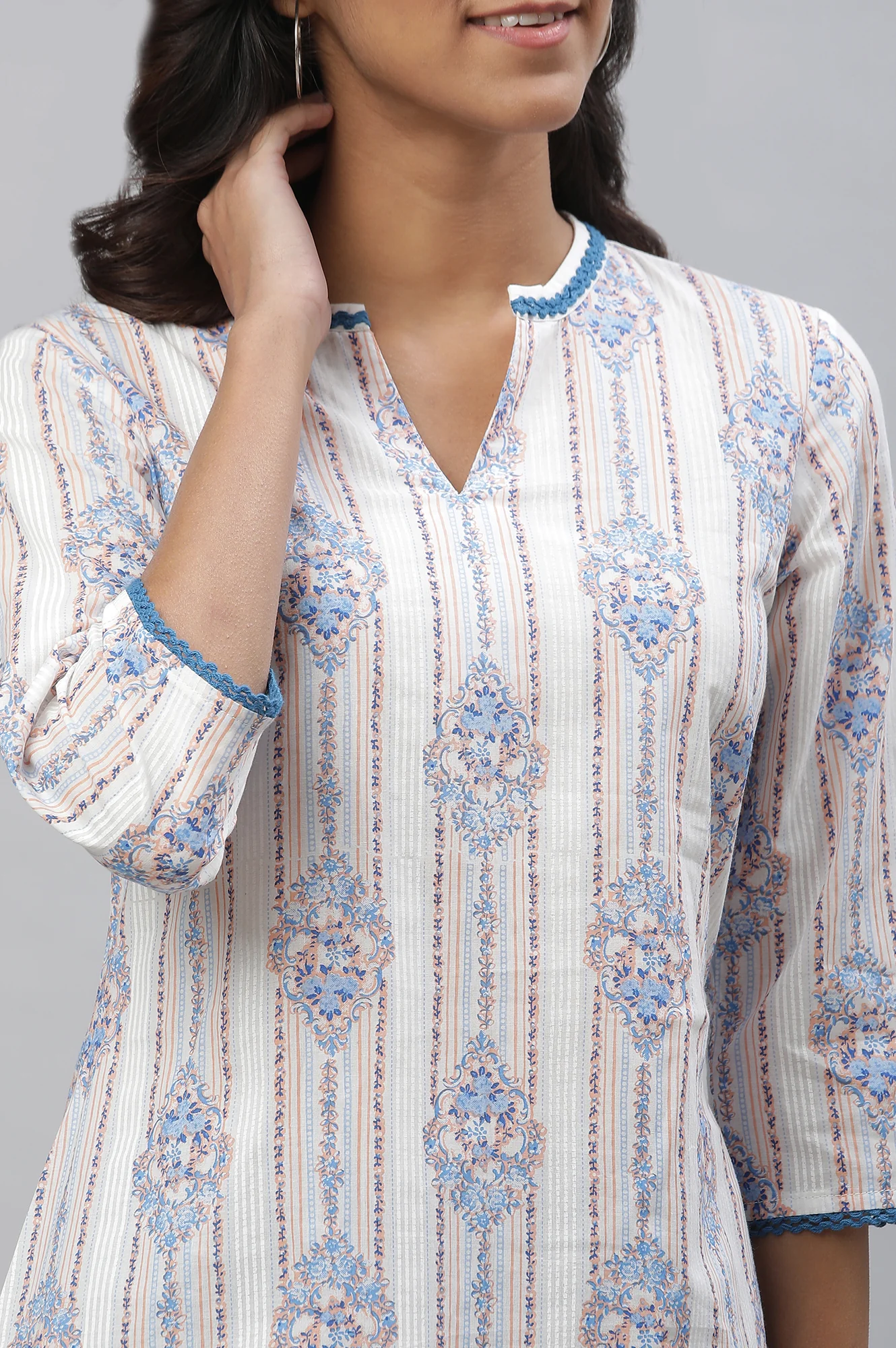White & Blue Printed Straight Kurta - Image 6