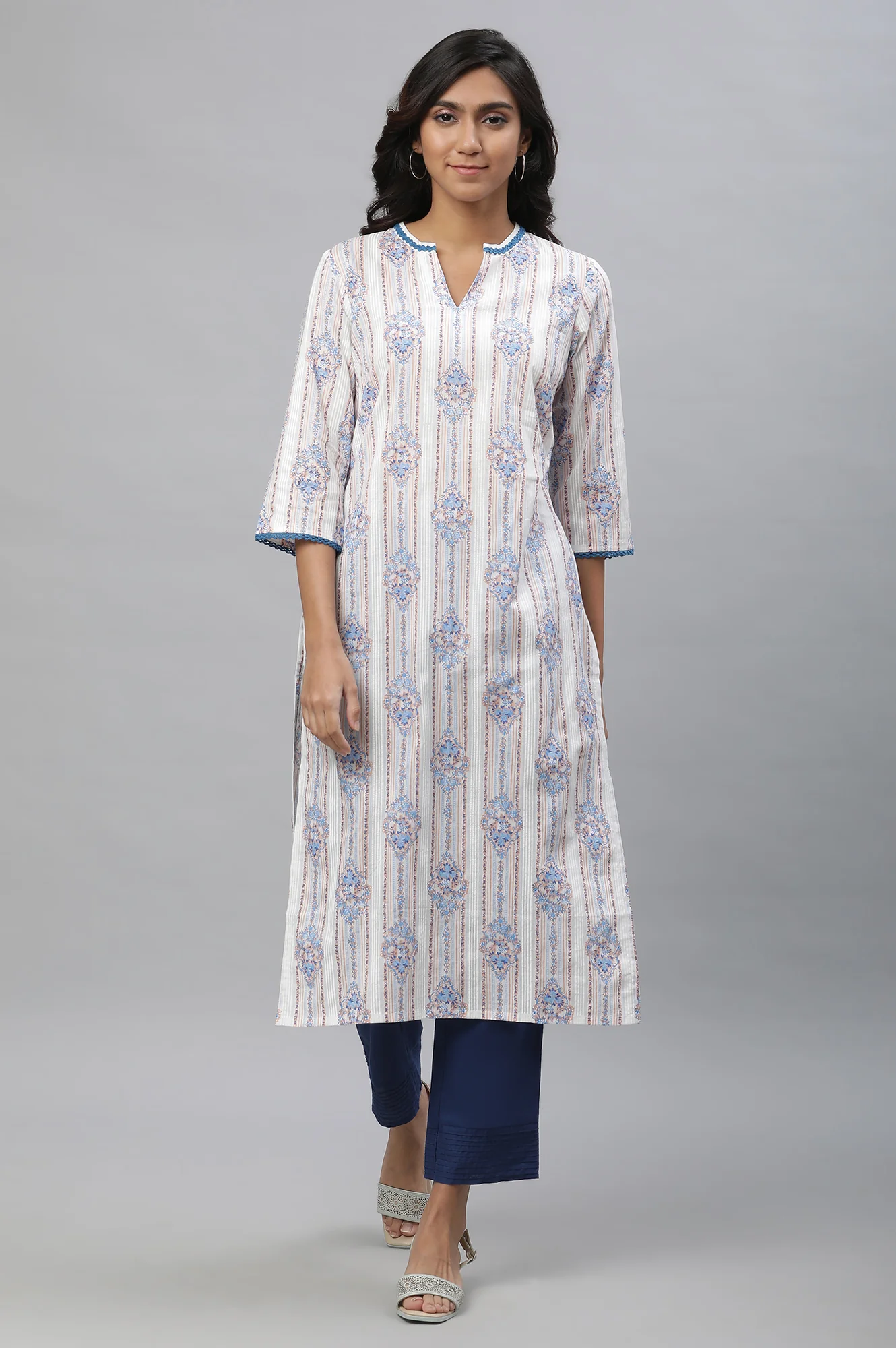 White & Blue Printed Straight Kurta - Image 2