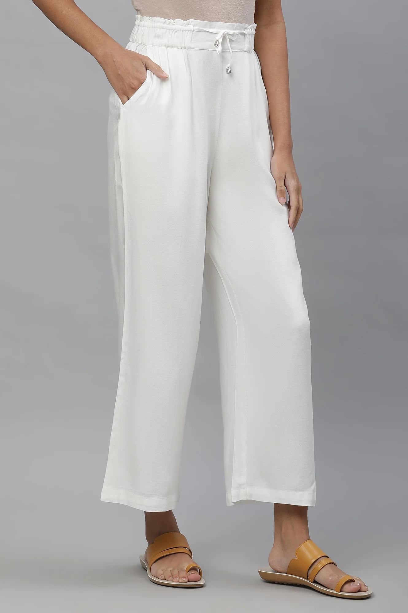 White Casual Comfy Pants with Front Drawstrings - Image 4
