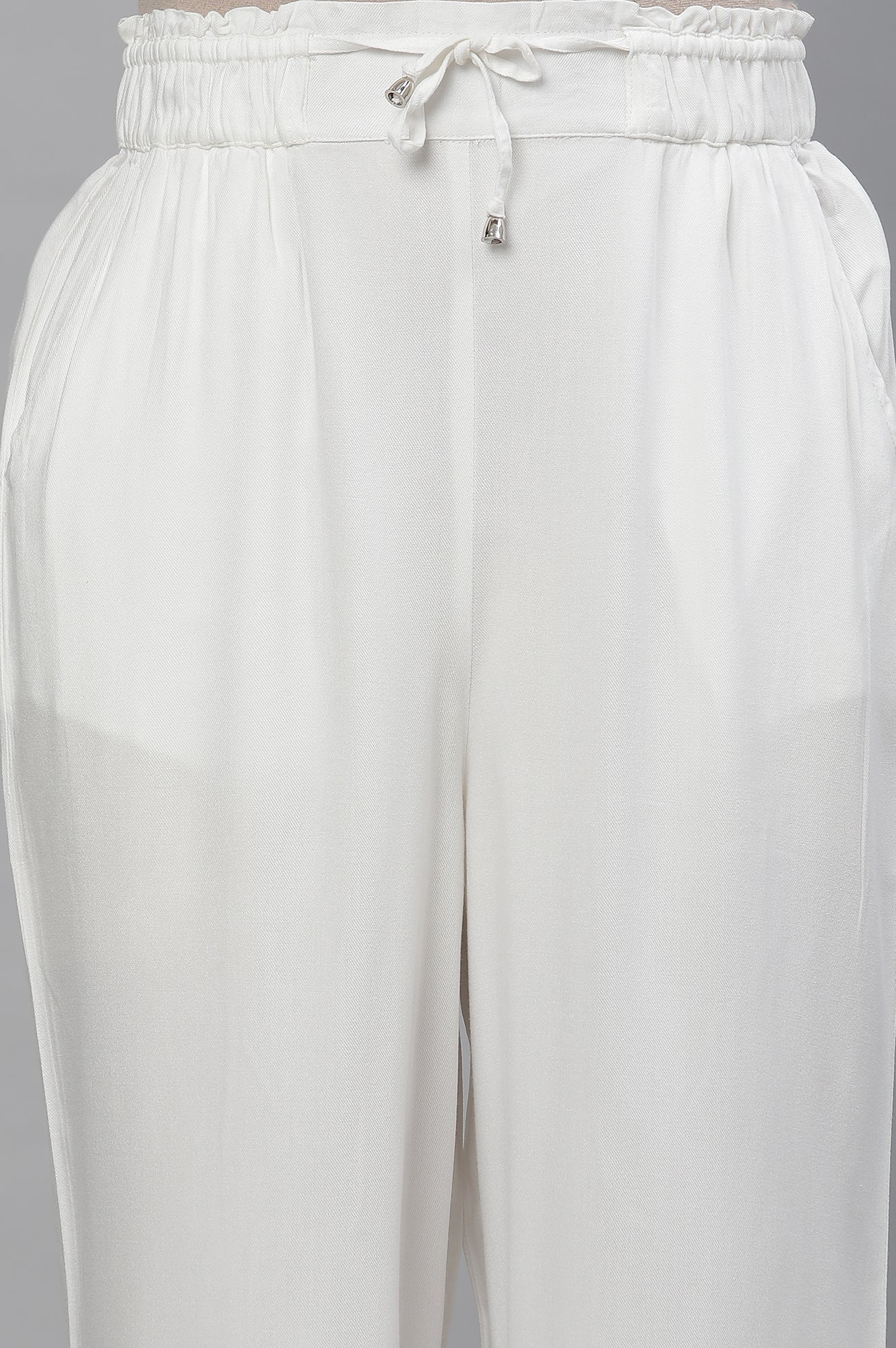 White Casual Comfy Pants with Front Drawstrings - Image 7