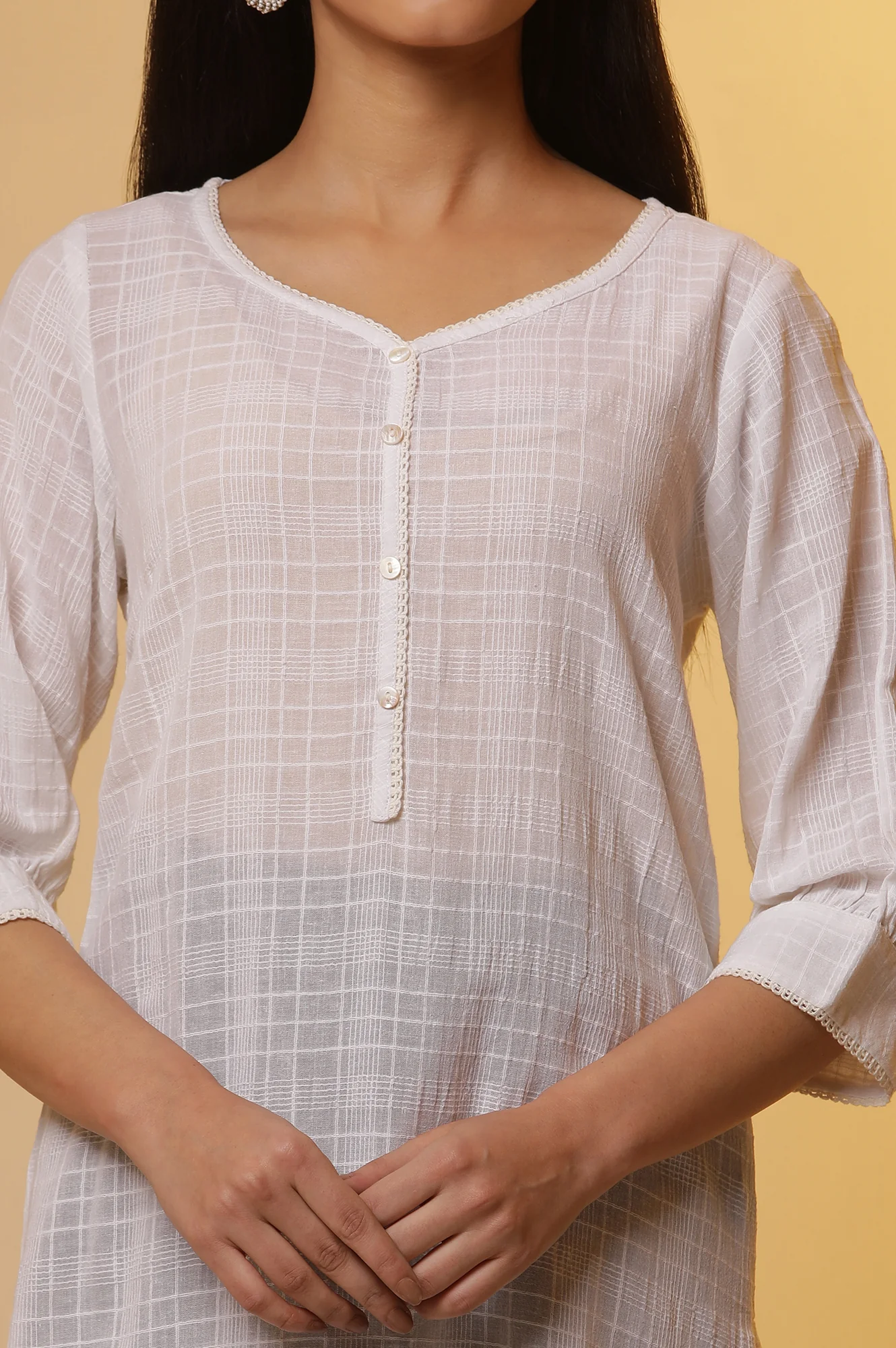 White Cotton Dobby Kurta and Denim Narrow Pants Set - Image 6