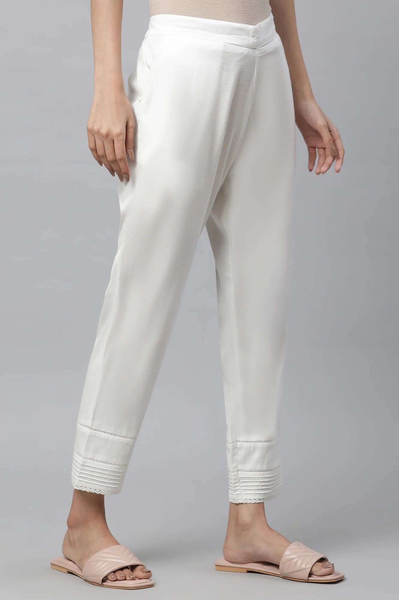 White Cotton Flax Pin-Tuck Straight Trouser Pants - Image 3