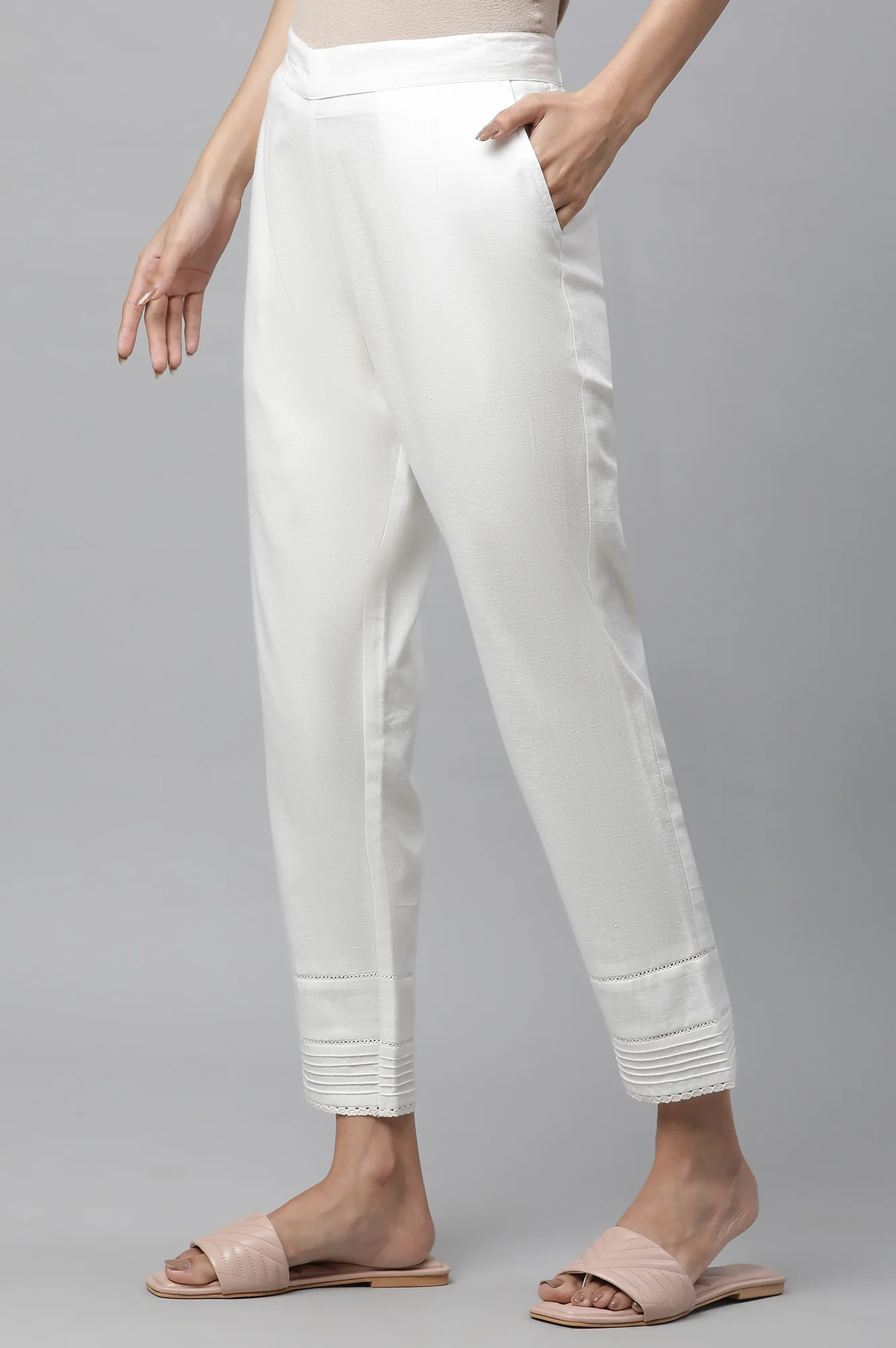 White Cotton Flax Pin-Tuck Straight Trouser Pants - Image 4