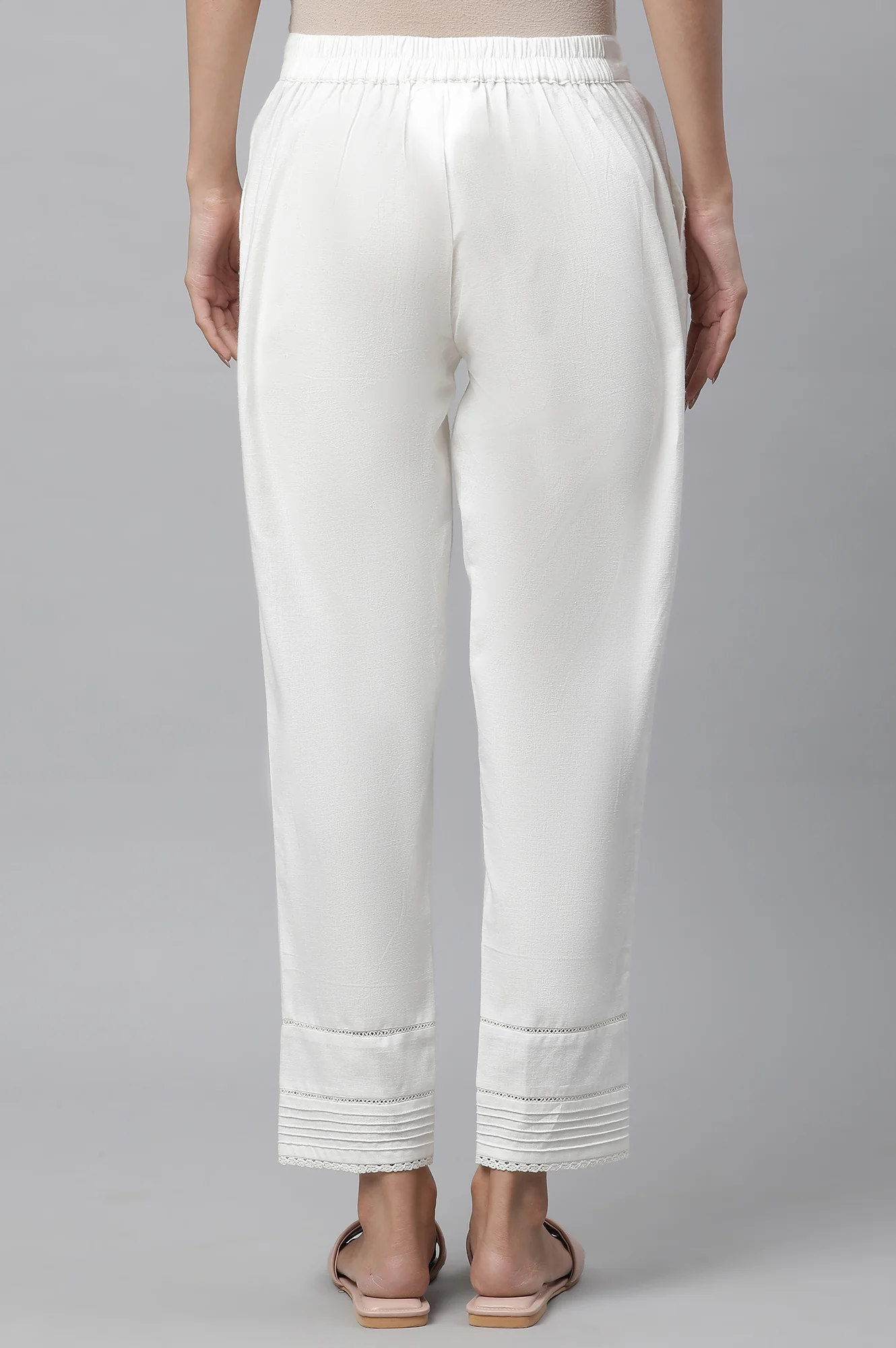 White Cotton Flax Pin-Tuck Straight Trouser Pants - Image 5
