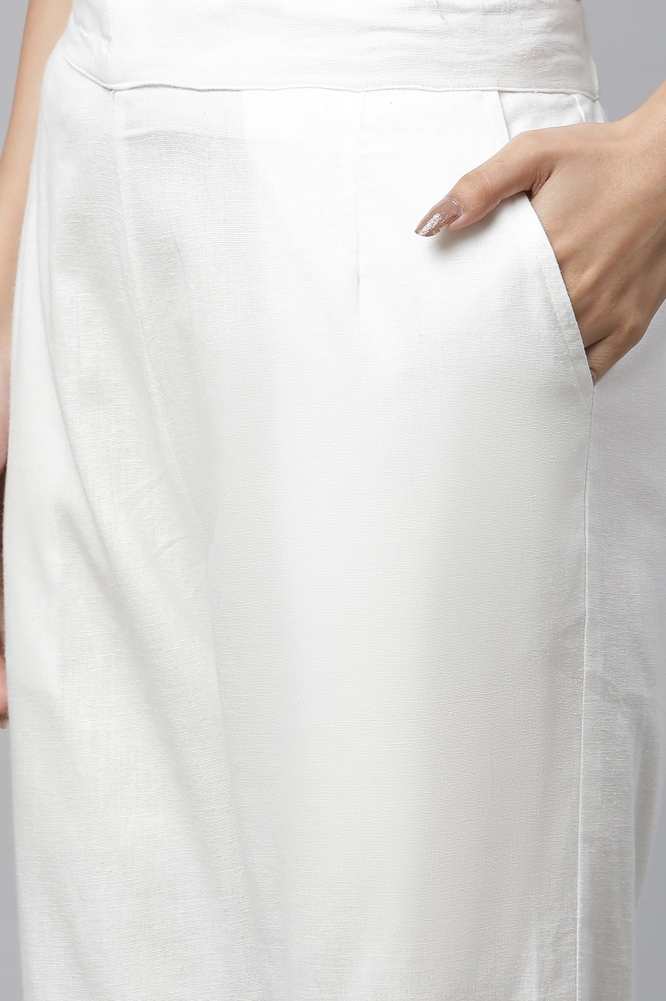 White Cotton Flax Pin-Tuck Straight Trouser Pants - Image 7