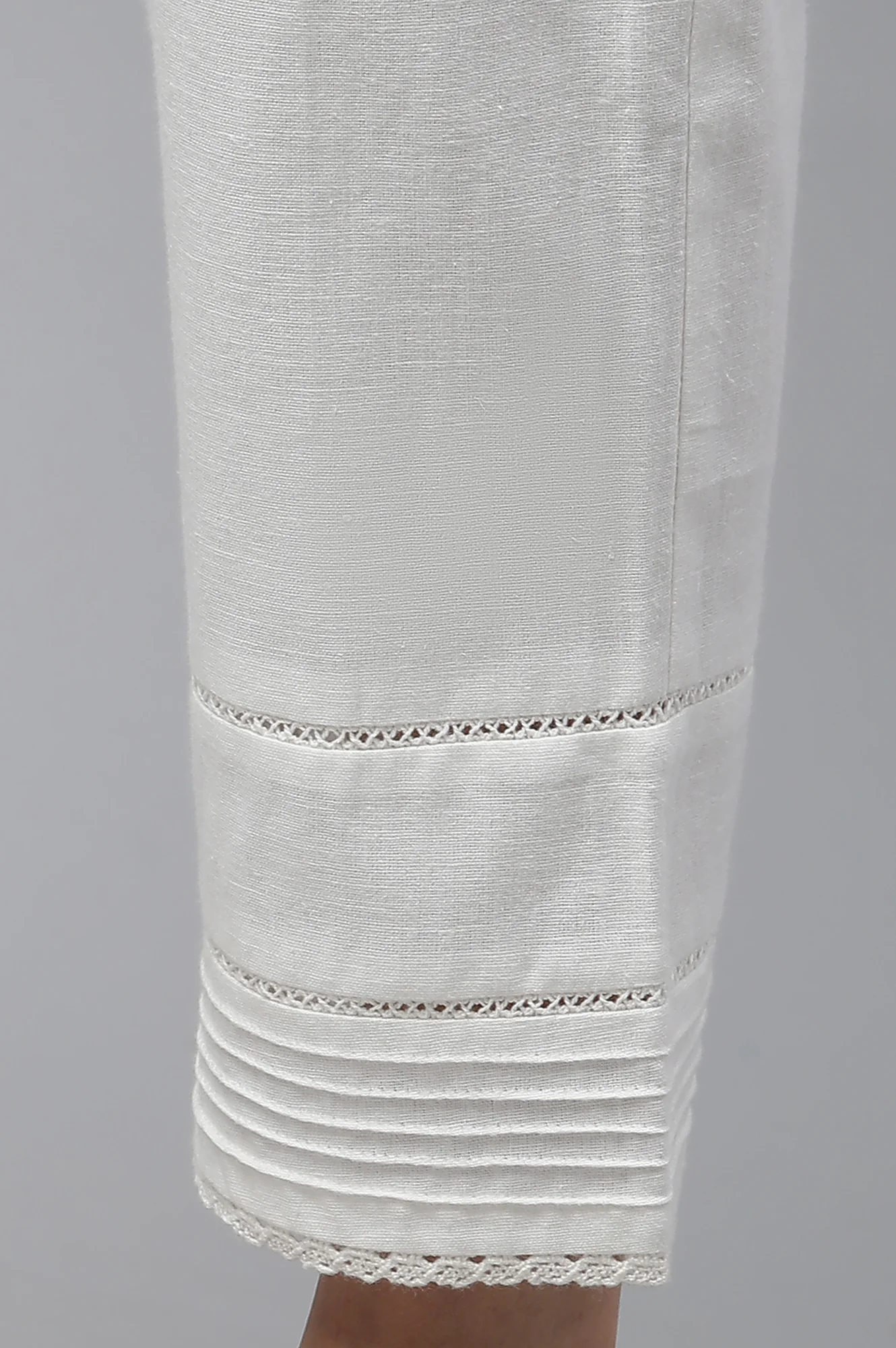 White Cotton Flax Pin-Tuck Straight Trouser Pants - Image 8