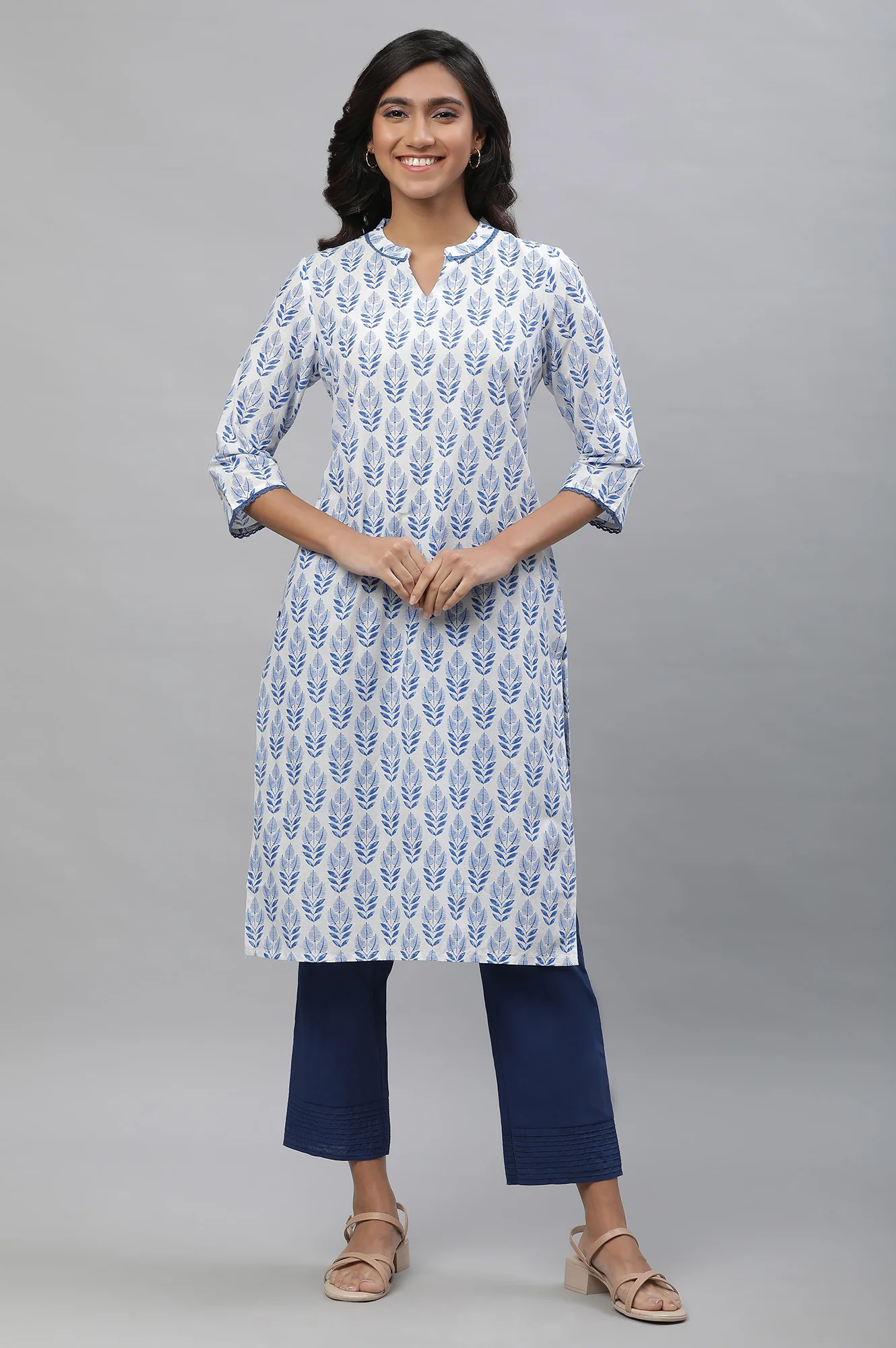 White Cotton Kurta with Blue Print - Image 3