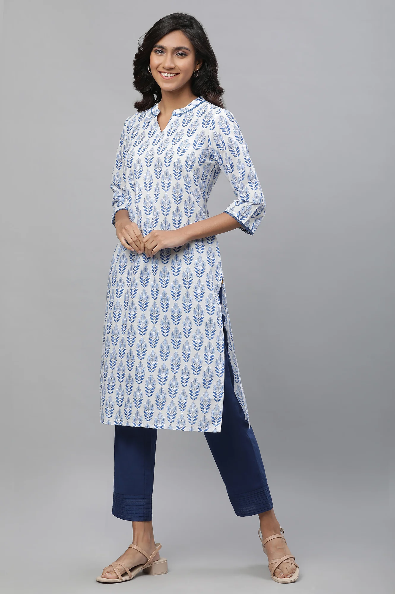 White Cotton Kurta with Blue Print - Image 4
