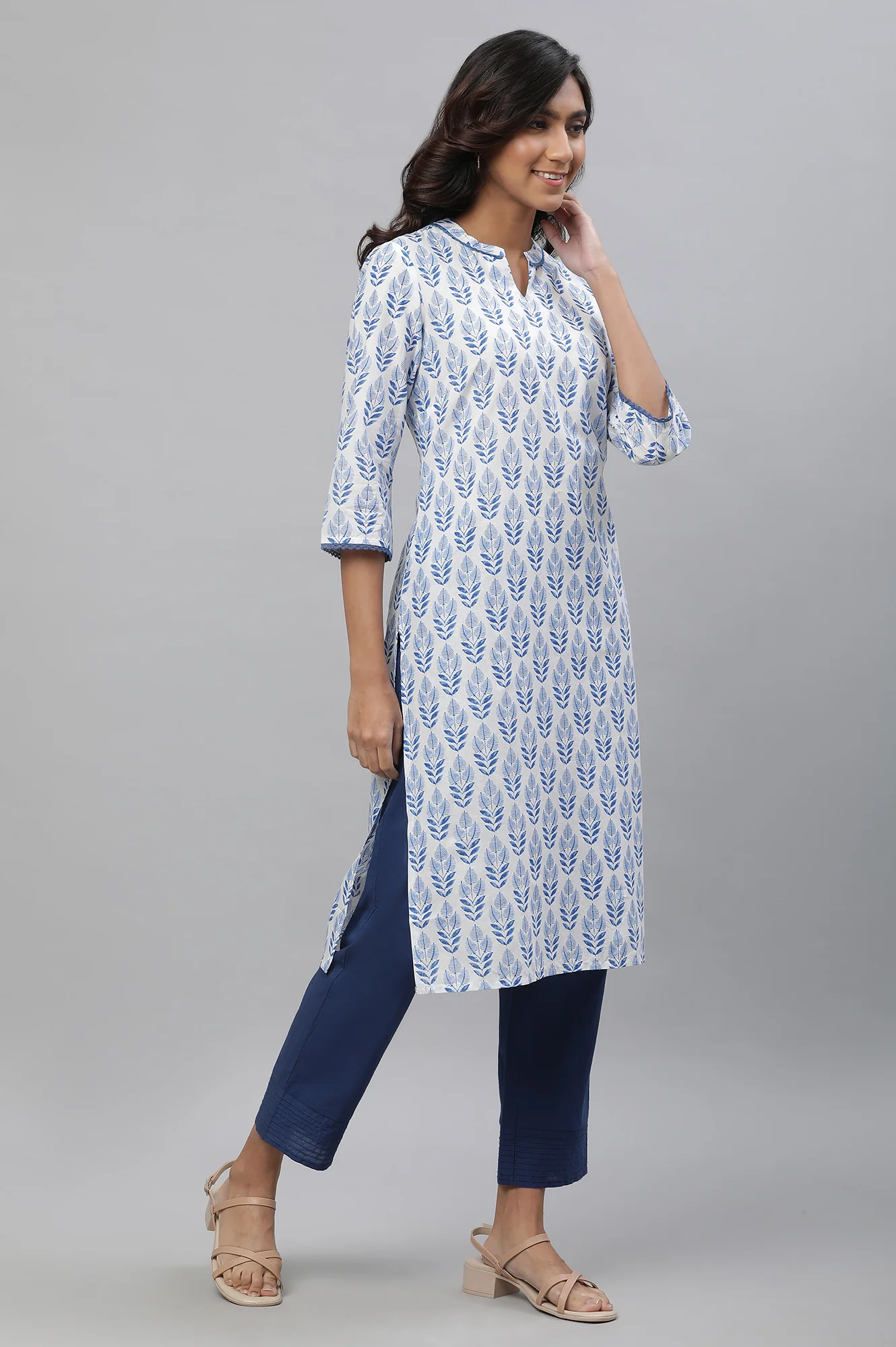 White Cotton Kurta with Blue Print - Image 6