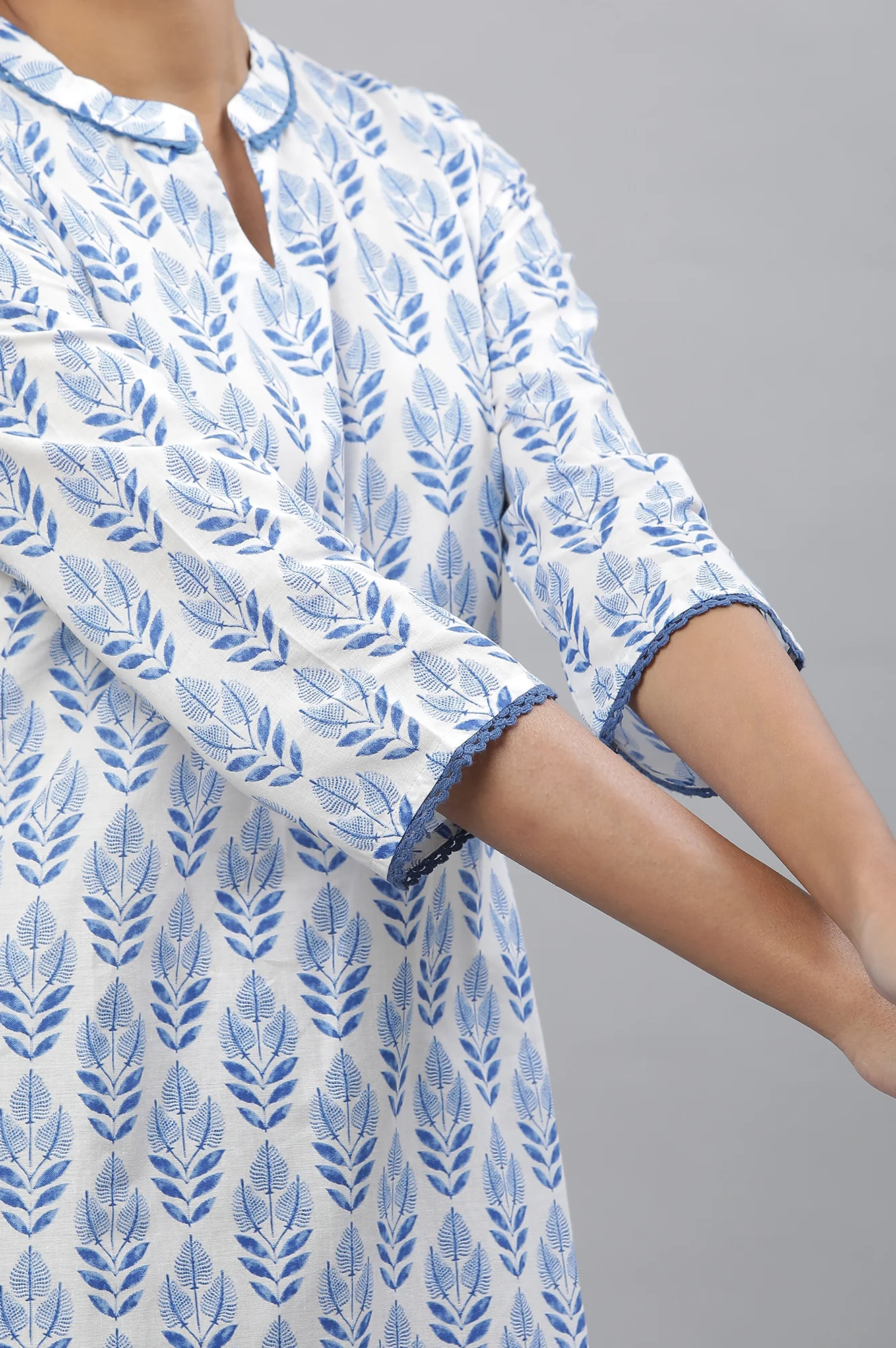 White Cotton Kurta with Blue Print - Image 8