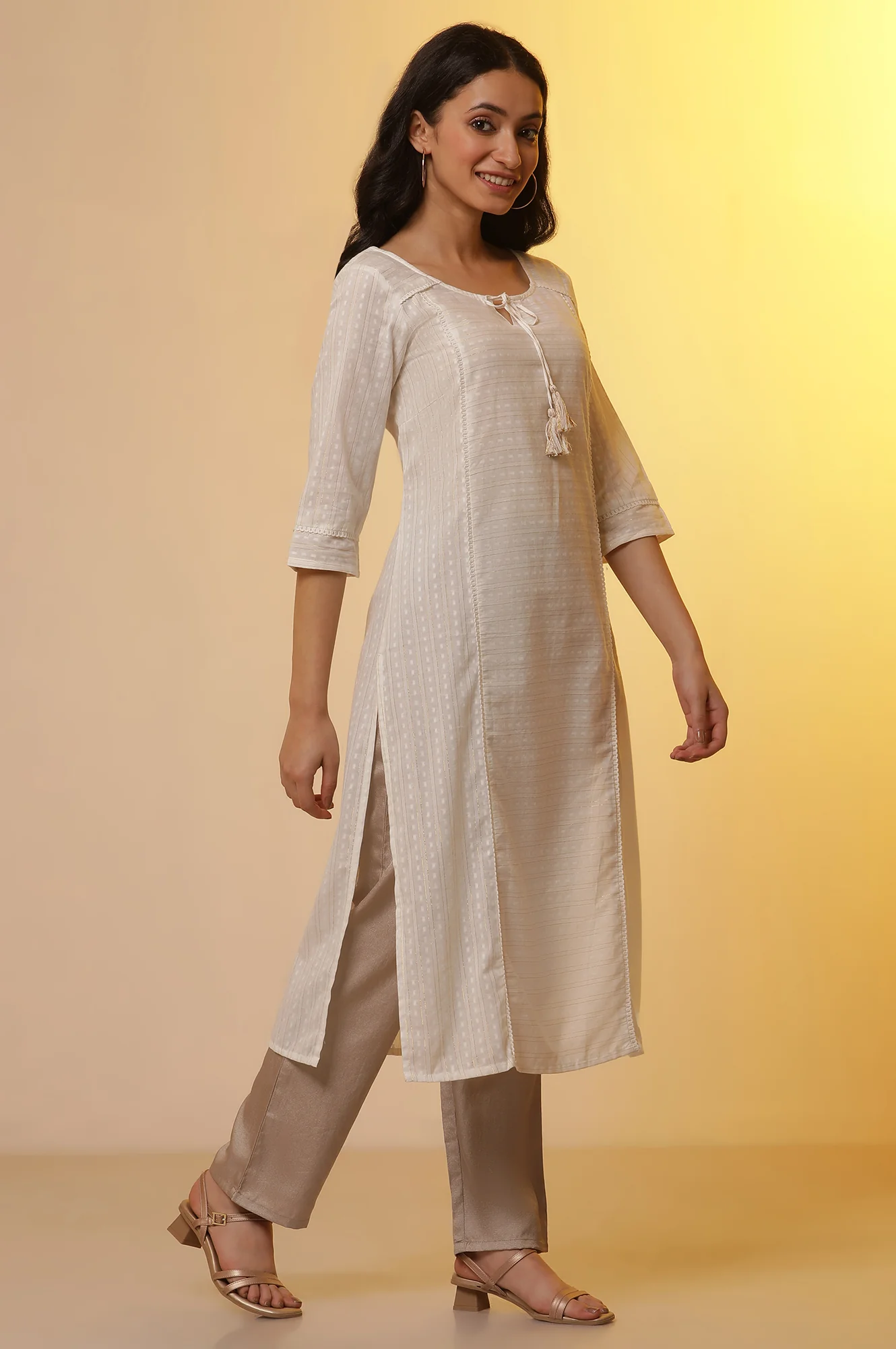 White Cotton Lurex Kurta, Korean Satin Pants and Dupatta Set - Image 5