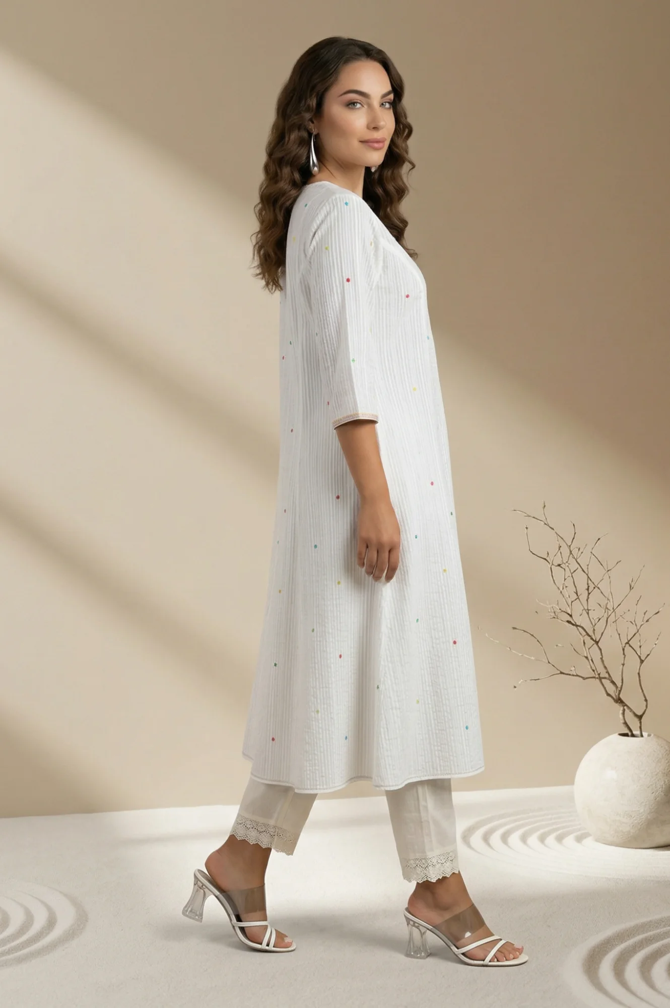 White embellished Textured Pure Cotton A-line Kurta - Image 5