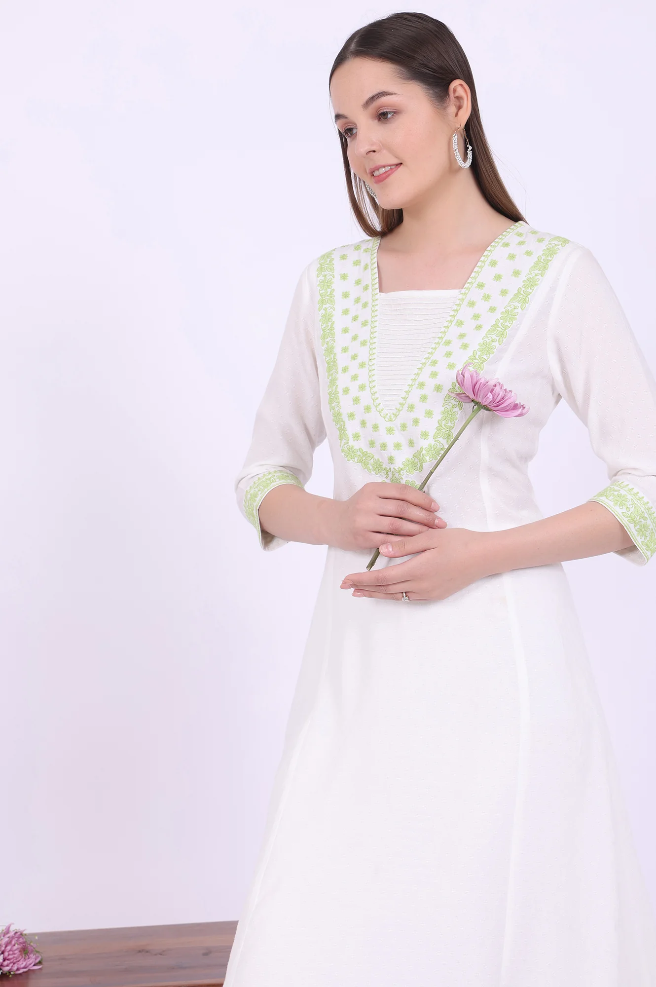 White Embroidered A-Line Kurta - Image 2