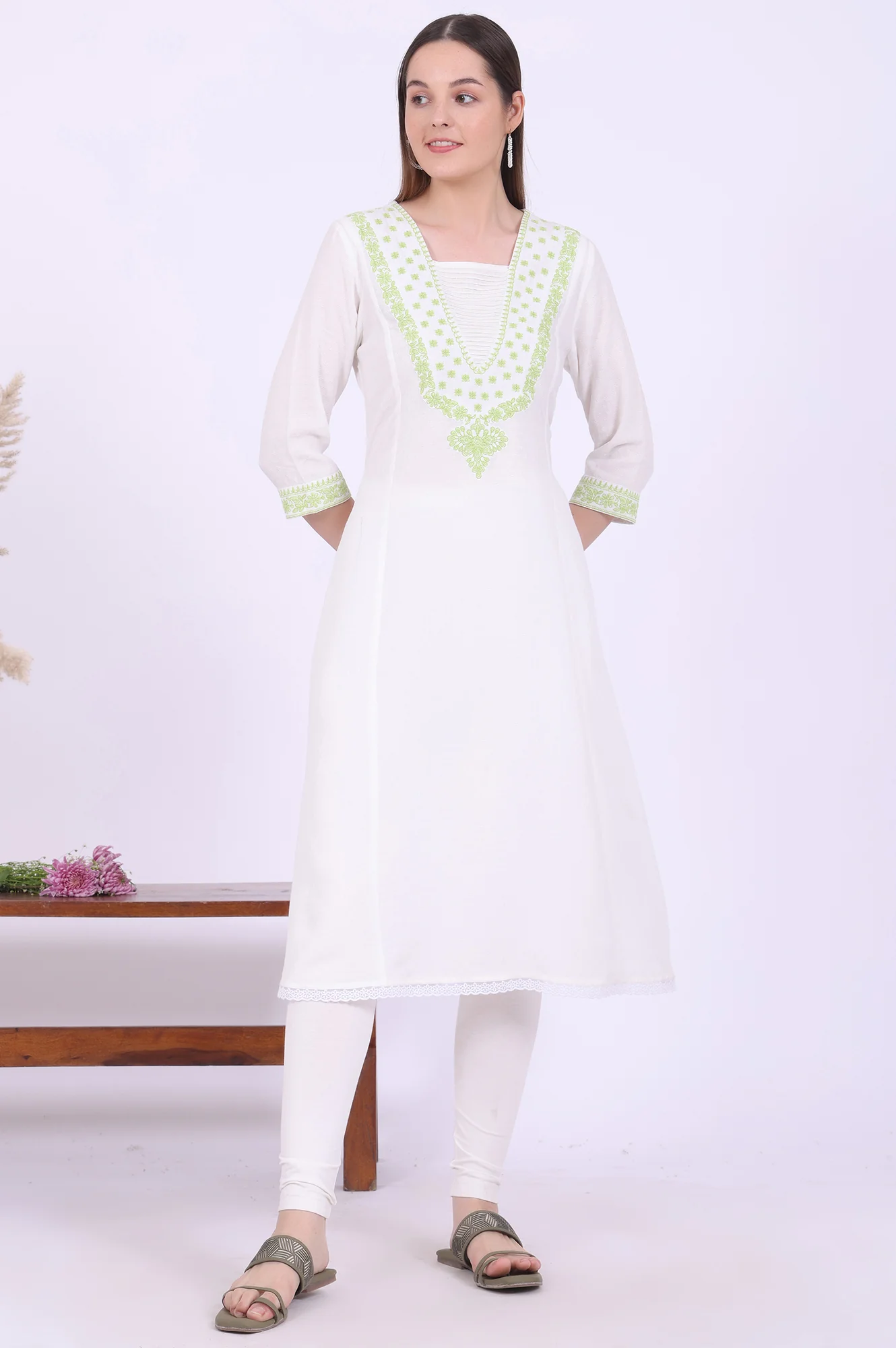 White Embroidered A-Line Kurta - Image 3