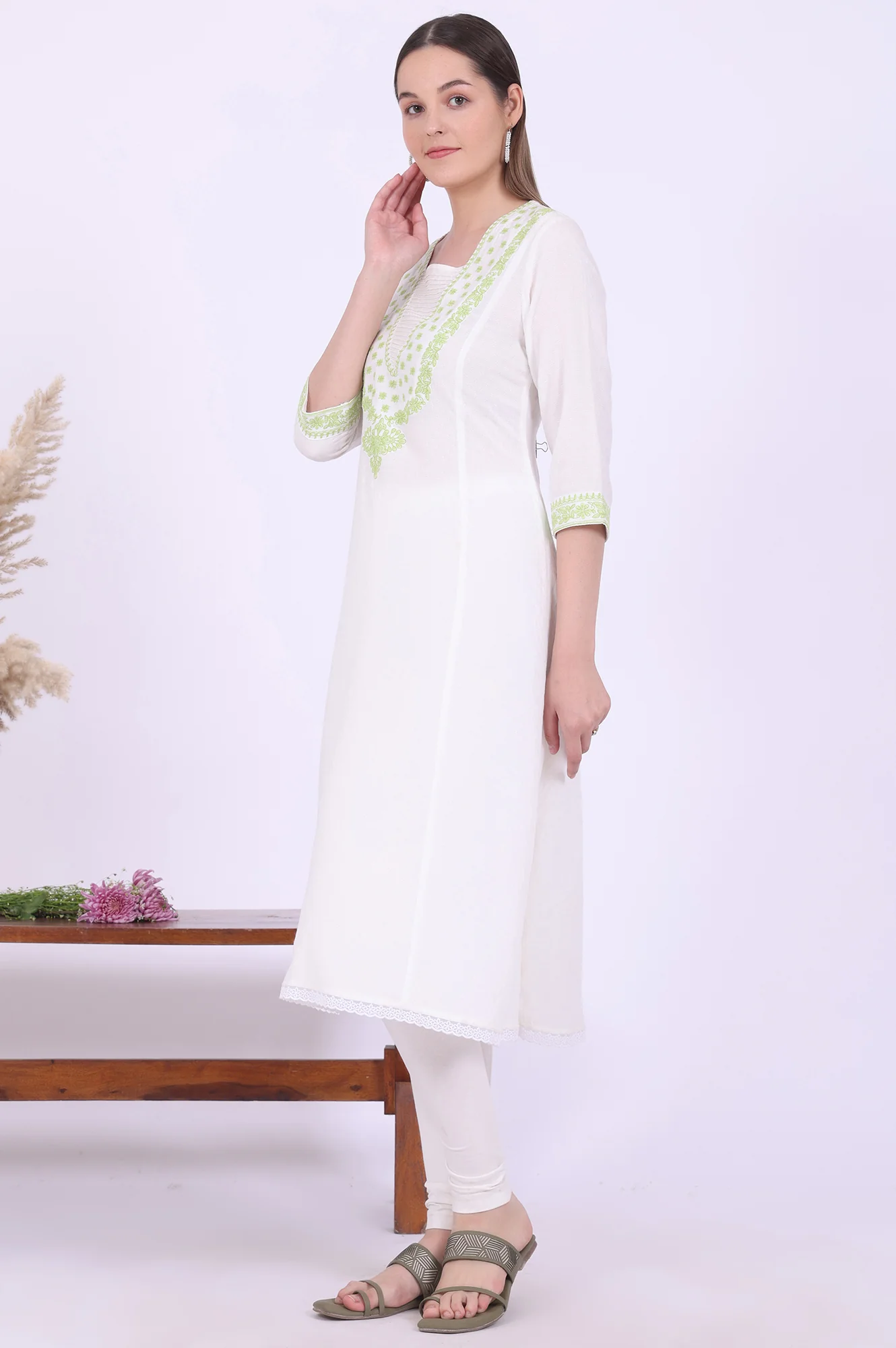 White Embroidered A-Line Kurta - Image 5
