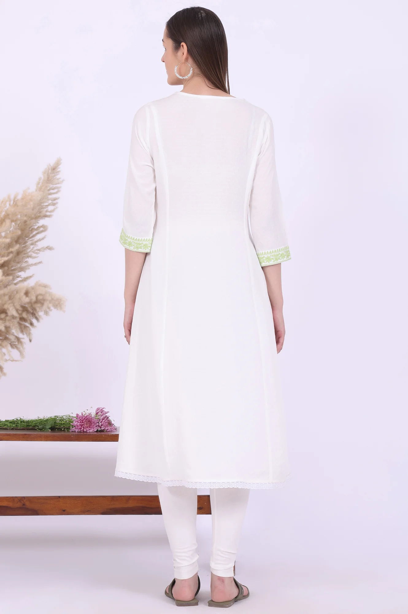 White Embroidered A-Line Kurta - Image 6