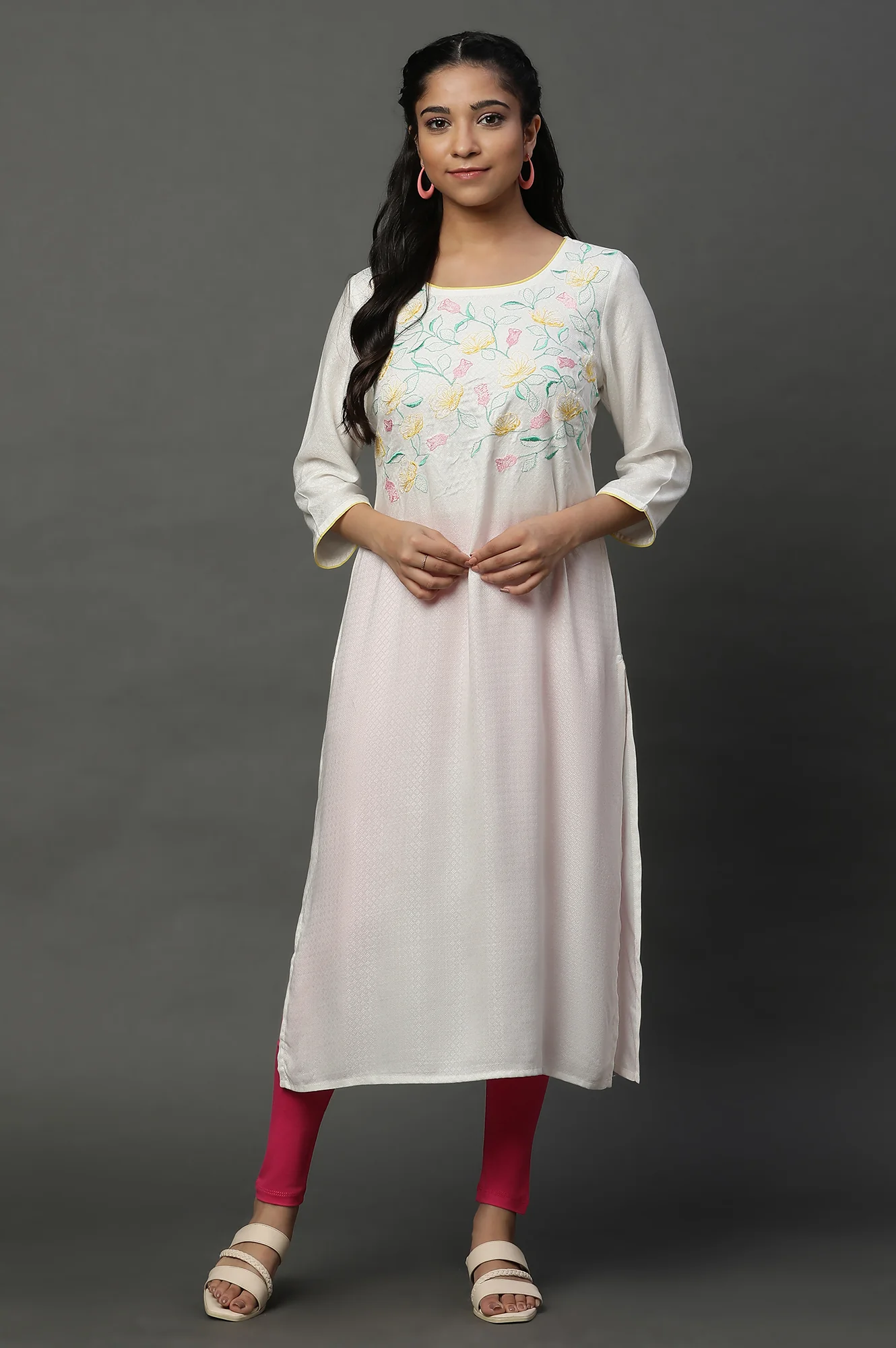White Embroidered Dooby Straight Kurta - Image 2