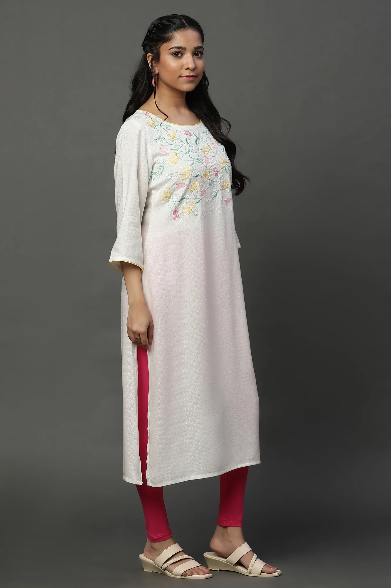 White Embroidered Dooby Straight Kurta - Image 5