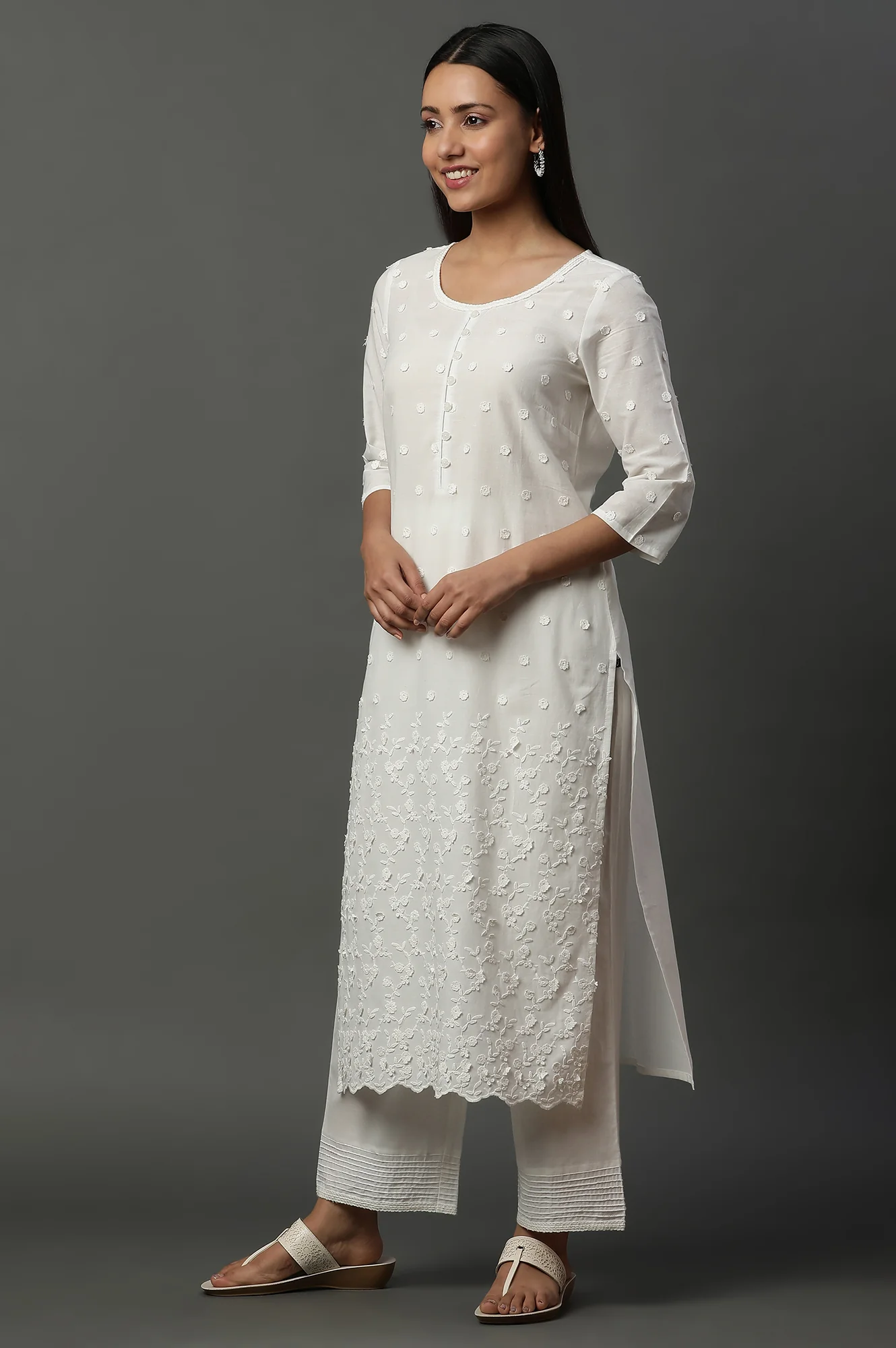 White Embroidered Kurta, Pants and Dupatta Set - Image 3