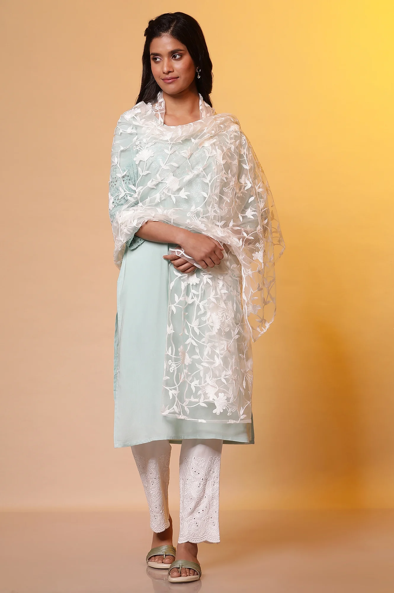 White Embroidered Net Dupatta - Image 2