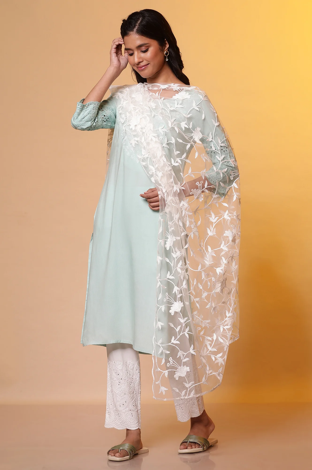 White Embroidered Net Dupatta - Image 3