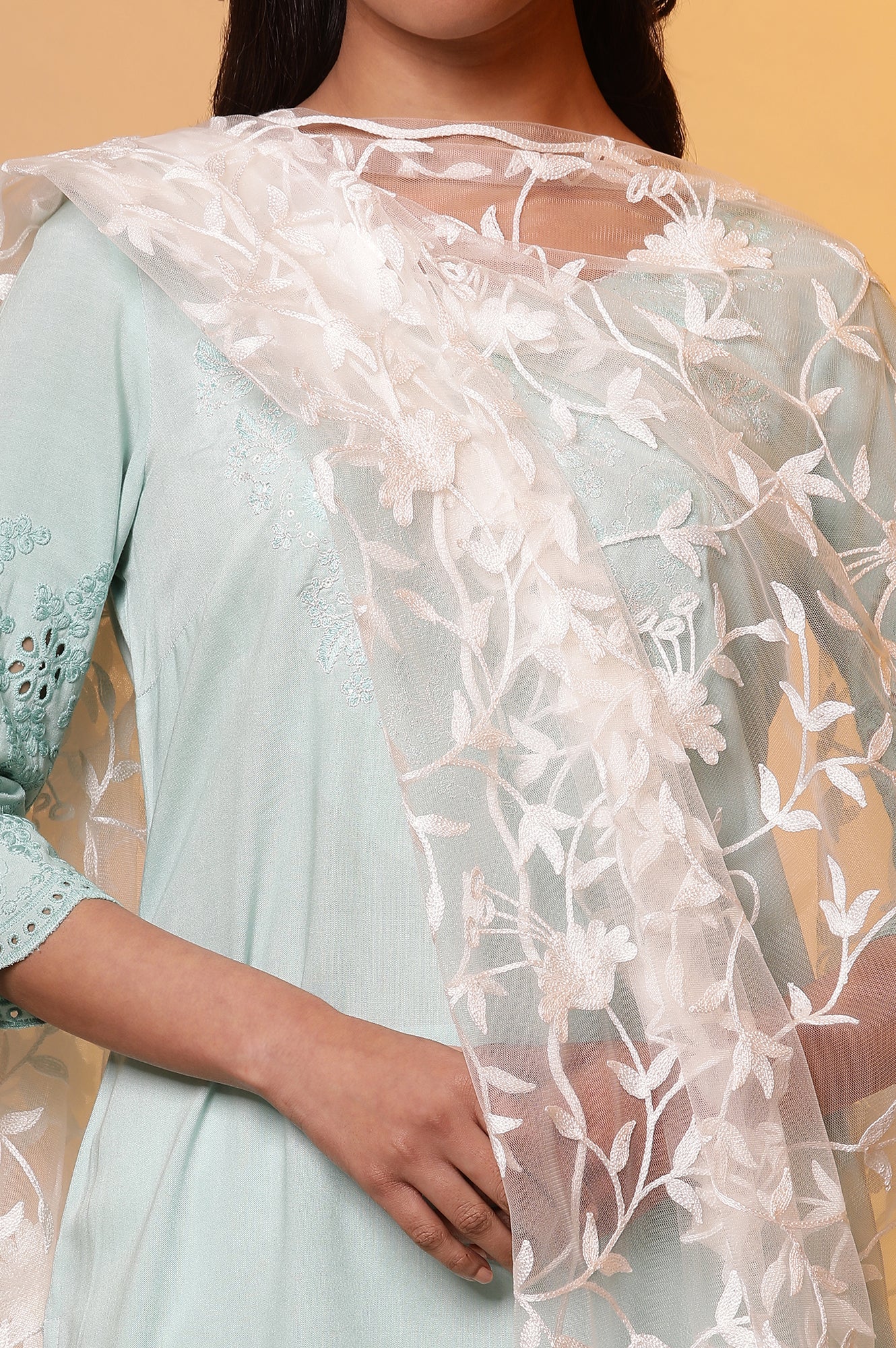 White Embroidered Net Dupatta - Image 4