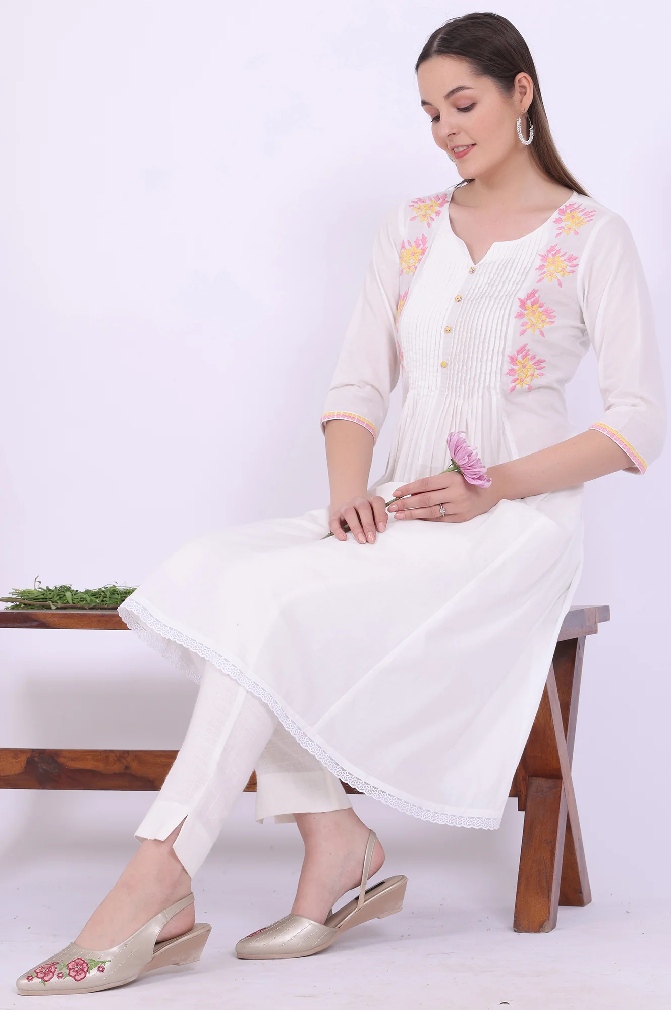 White Embroidered A-Line Pure Cotton Kurta - Image 2