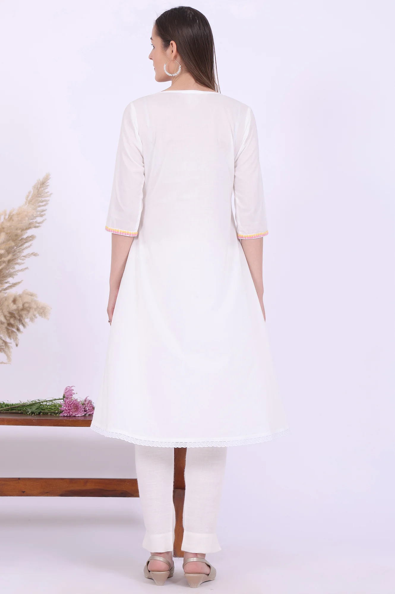 White Embroidered A-Line Pure Cotton Kurta - Image 6