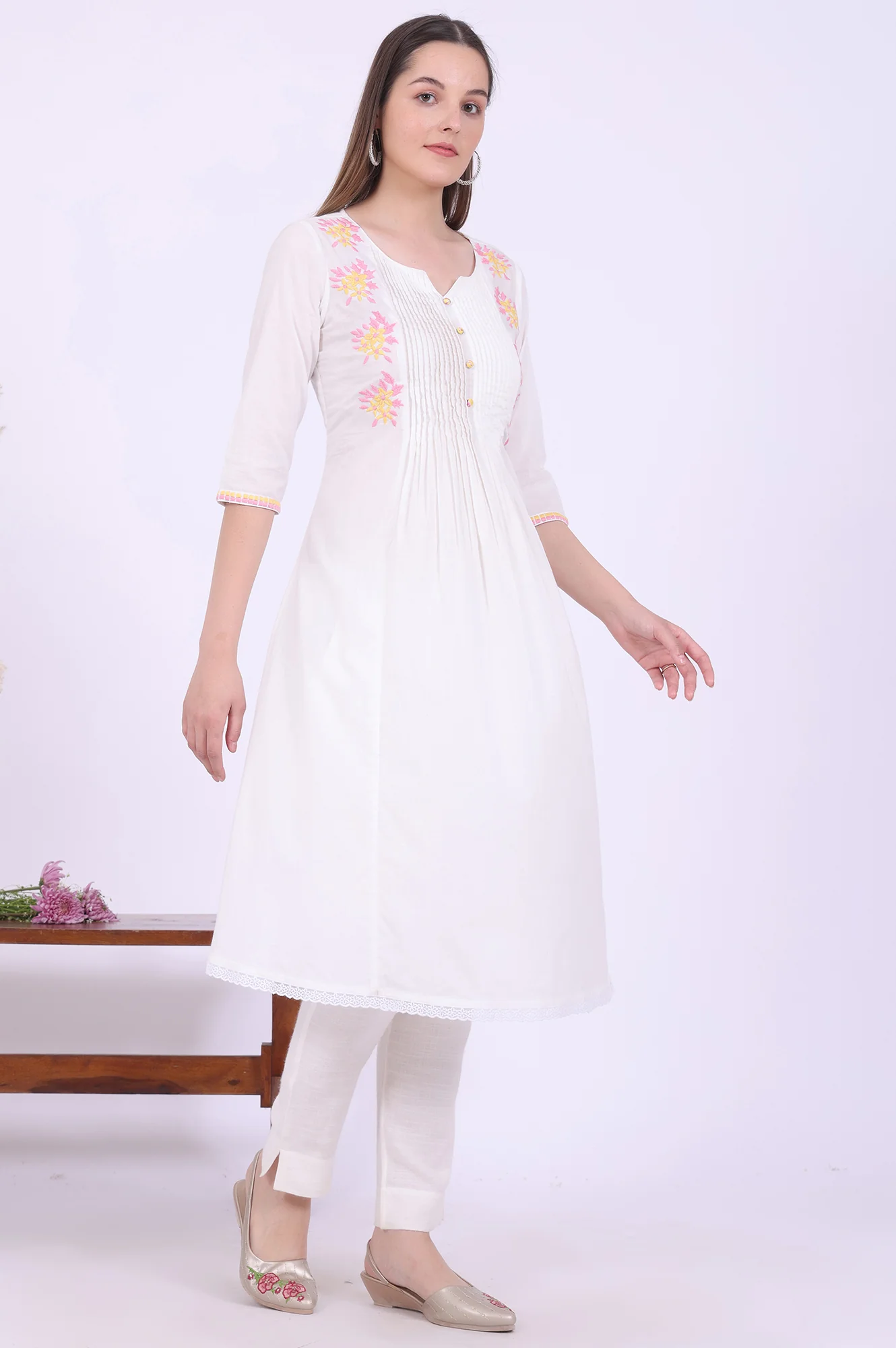White Embroidered A-Line Pure Cotton Kurta - Image 7