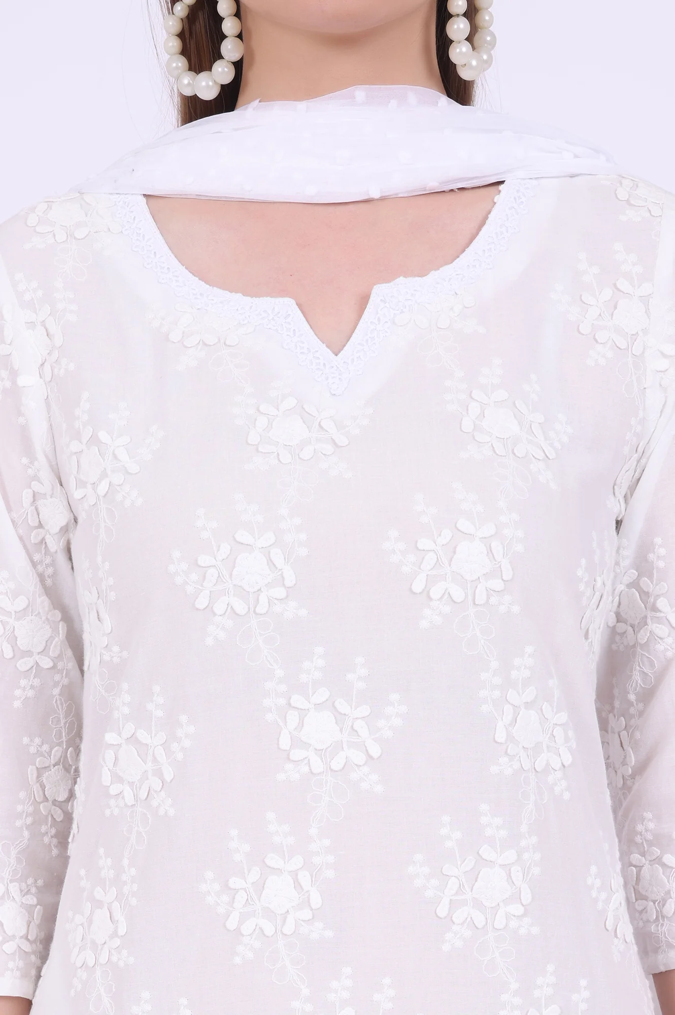 White Embroidered Pure Cotton A-Line Kurta with Trousers & Dupatta Set - Image 4