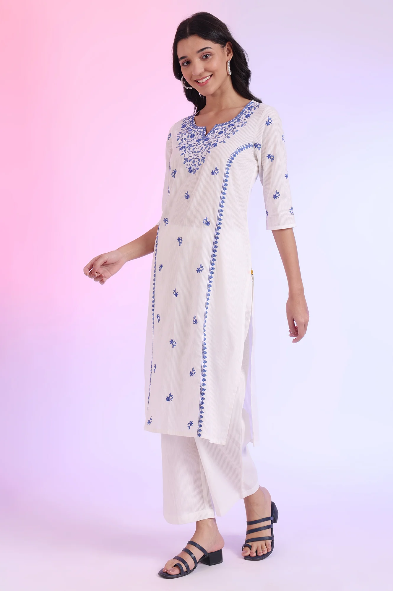 White Embroidered Pure Cotton Straight Kurta with Palazzos & Dupatta Set - Image 5