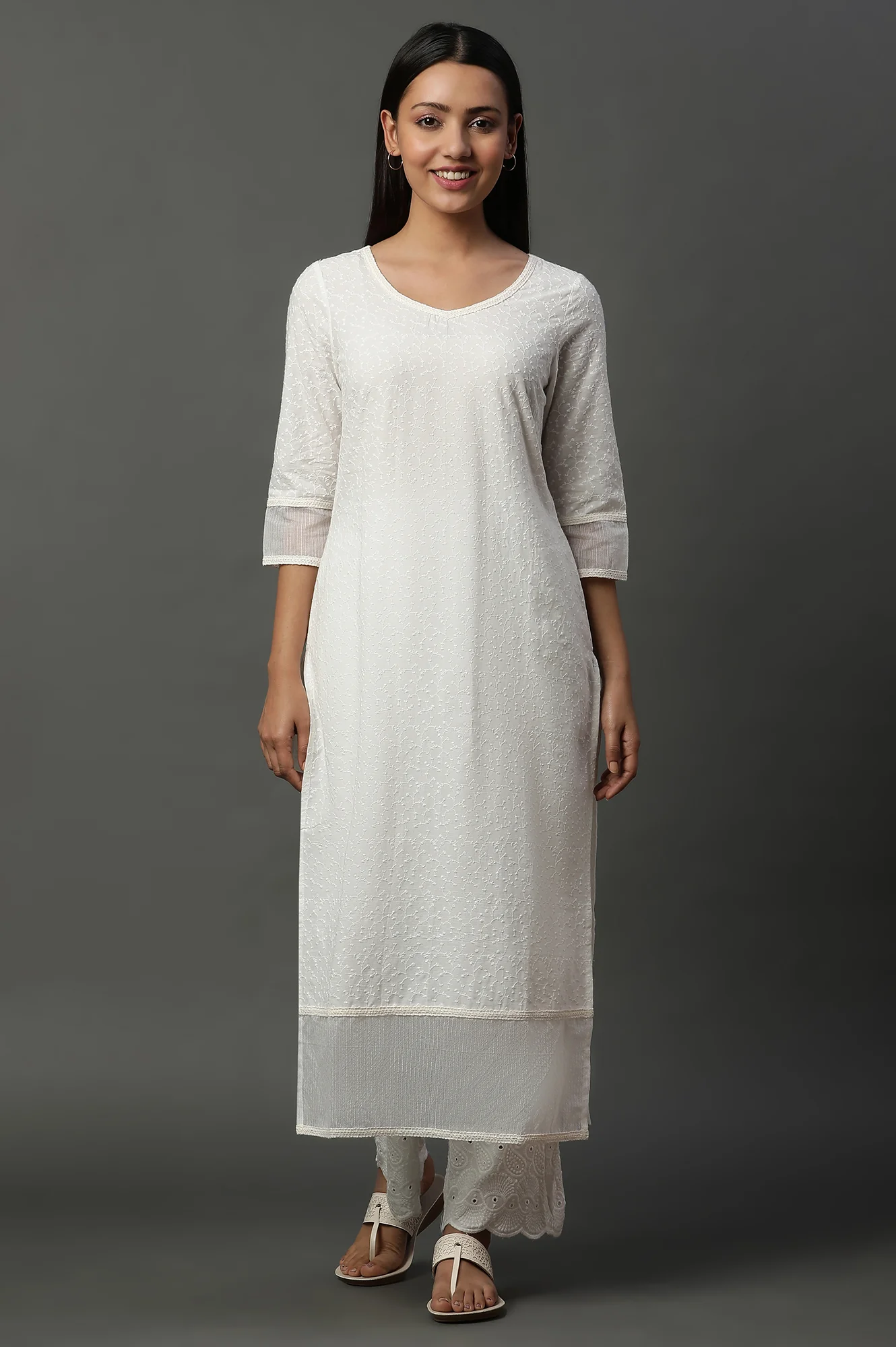 White Embroidered Schiffli Kurta - Image 2
