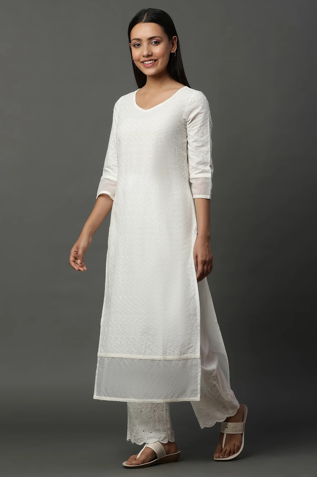 White Embroidered Schiffli Kurta - Image 3