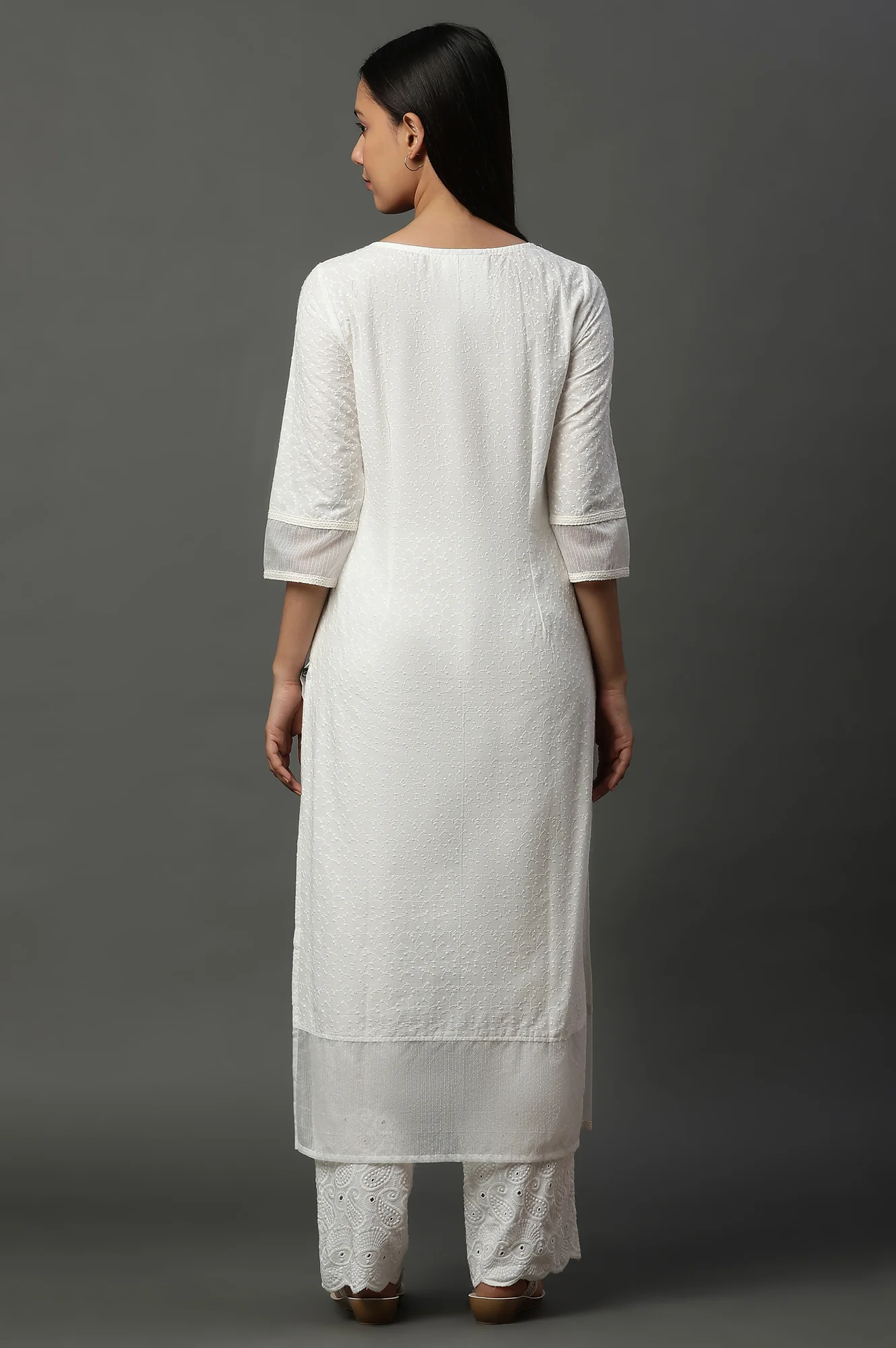 White Embroidered Schiffli Kurta - Image 4