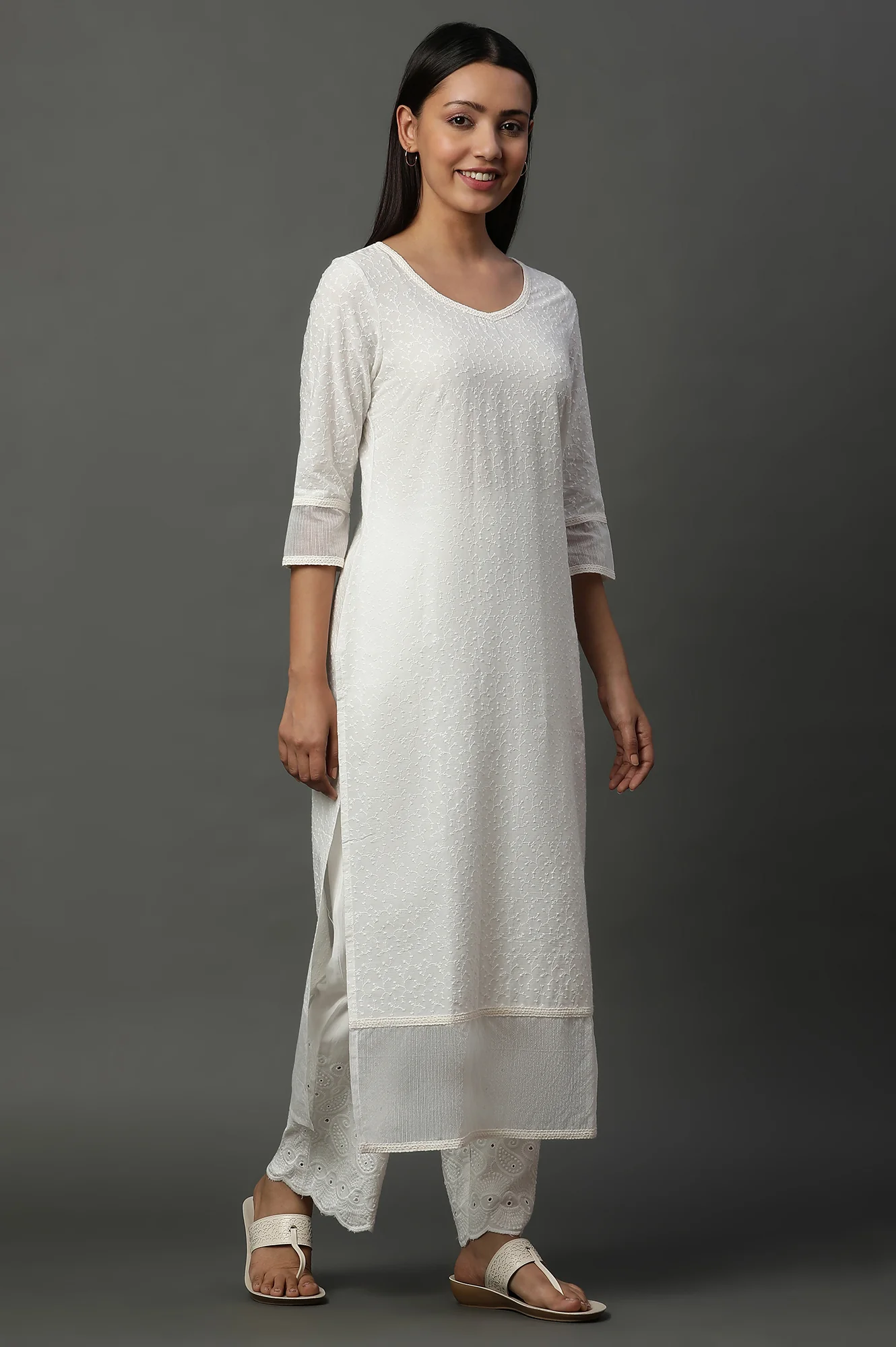 White Embroidered Schiffli Kurta - Image 5