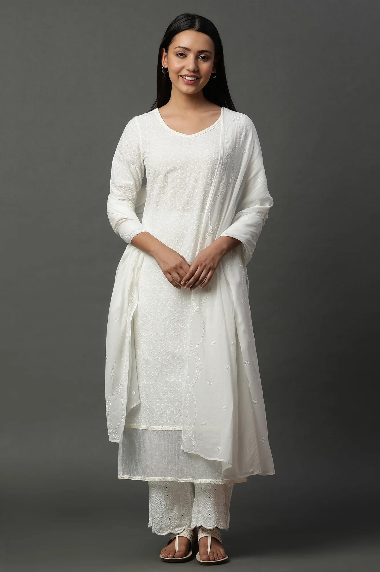 White Embroidered Schiffli Kurta - Image 6