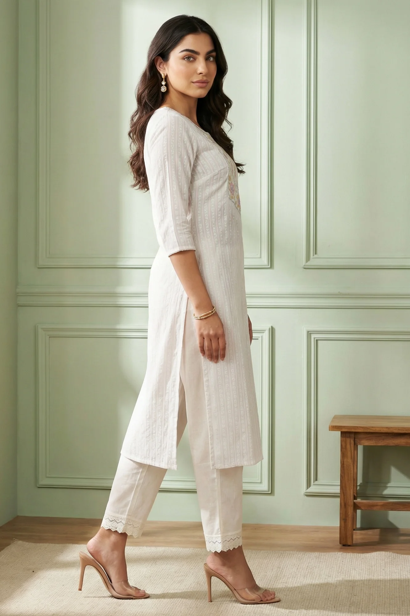 White Embroidered Straight Cotton Blend Kurta - Image 6