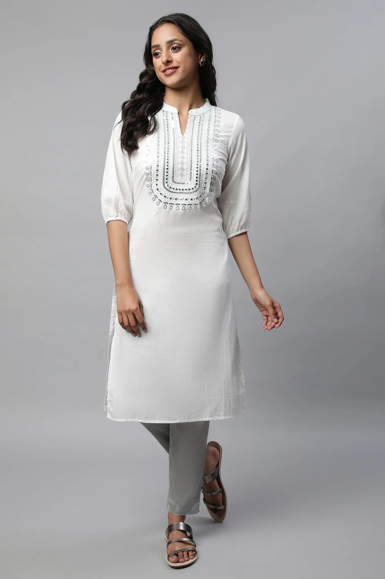 White Embroidered Straight Kurta - Image 6