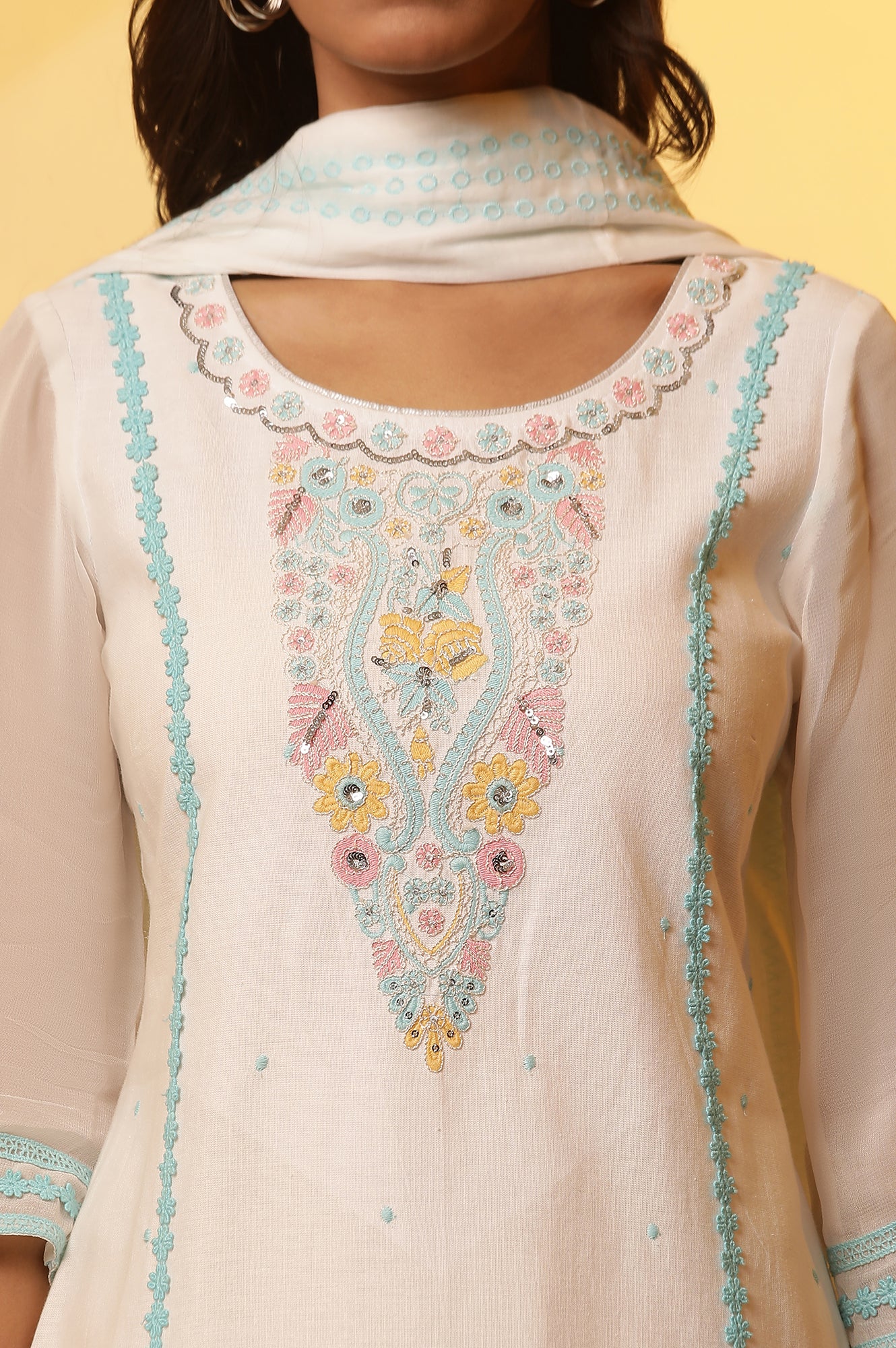 White Embroidered Straight Kurta, Pants and Dupatta Set - Image 6