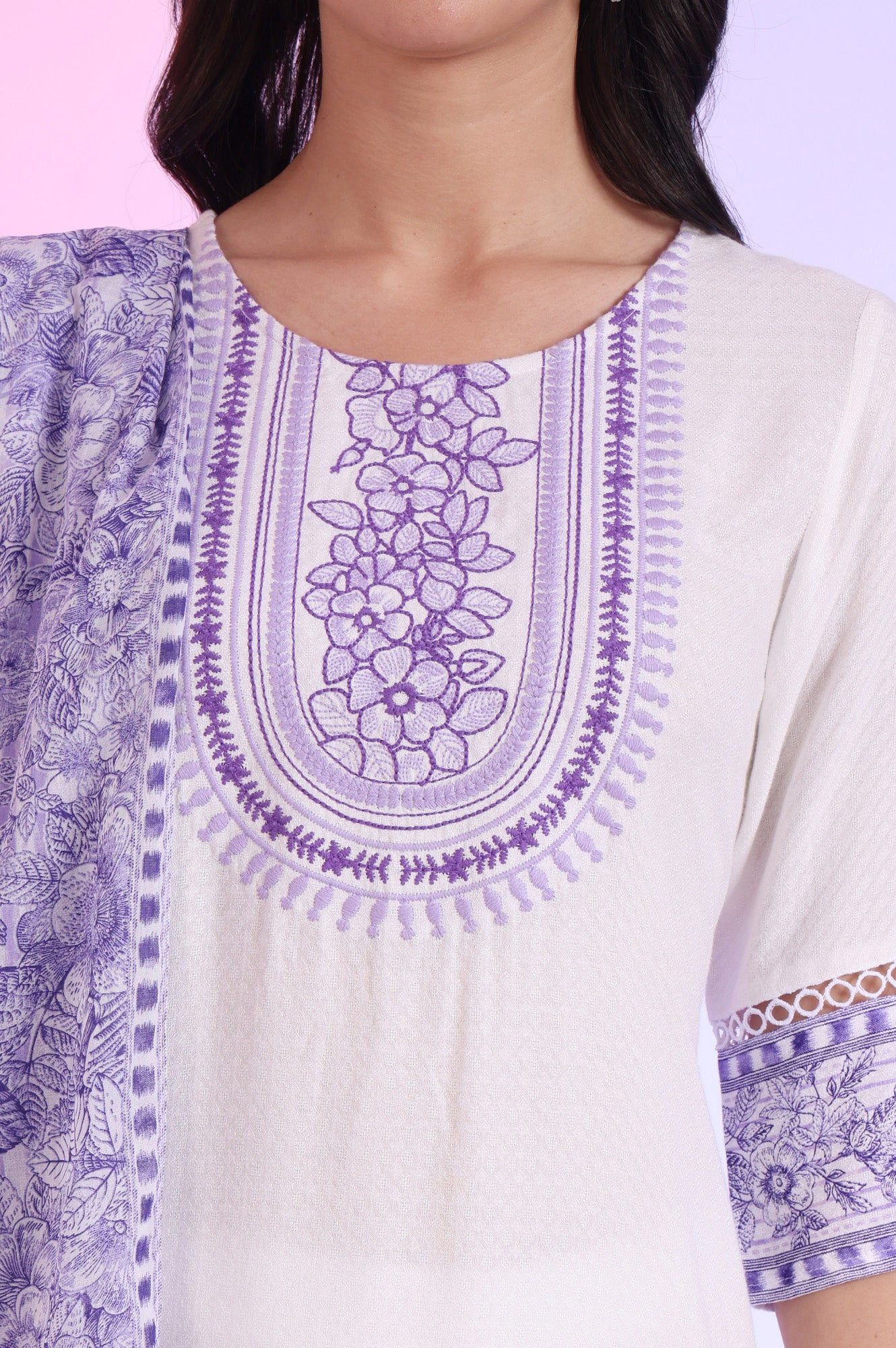 White Embroidered Straight Kurta with Palazzos & Dupatta Set - Image 4