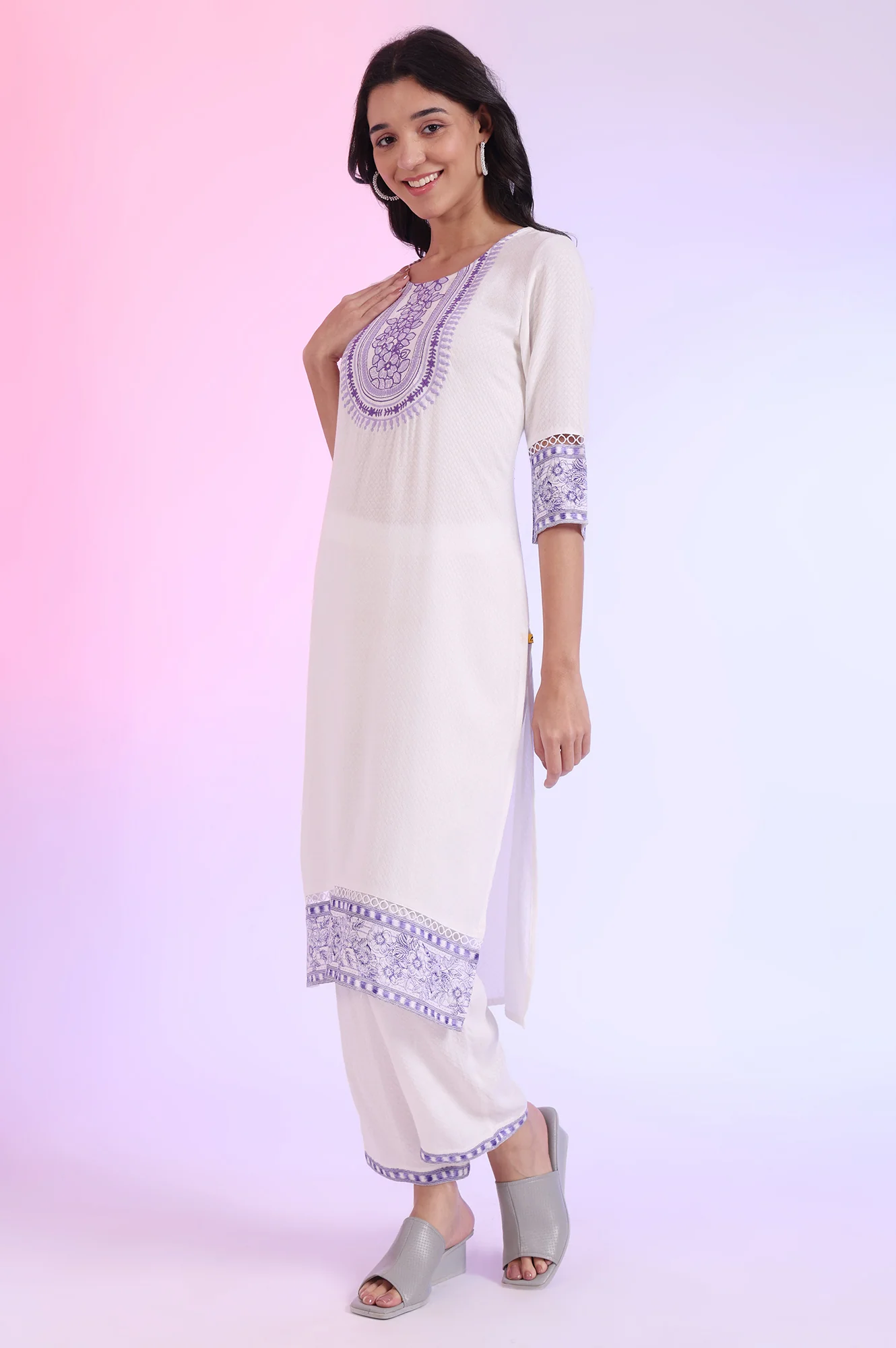 White Embroidered Straight Kurta with Palazzos & Dupatta Set - Image 5
