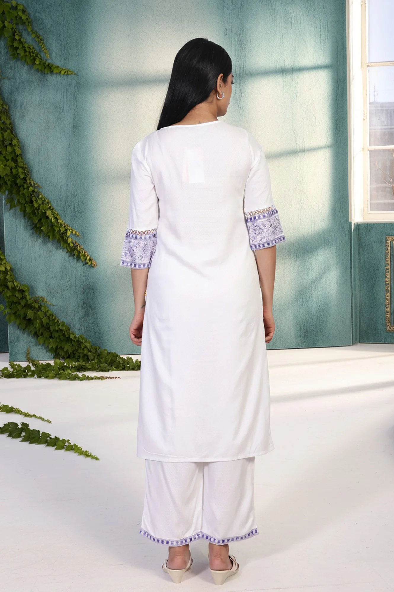 White Solid Embroidered Yoke Straight Kurta and Palazzo Set - Image 5