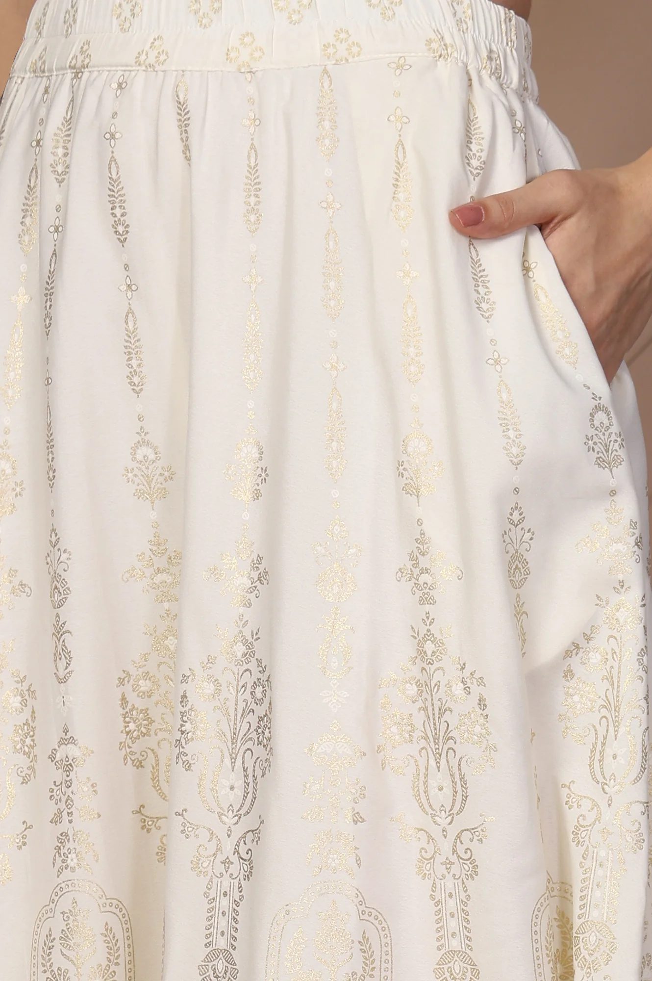 White Ethnic Gold Print Flared American Crepe Skirt - Image 7