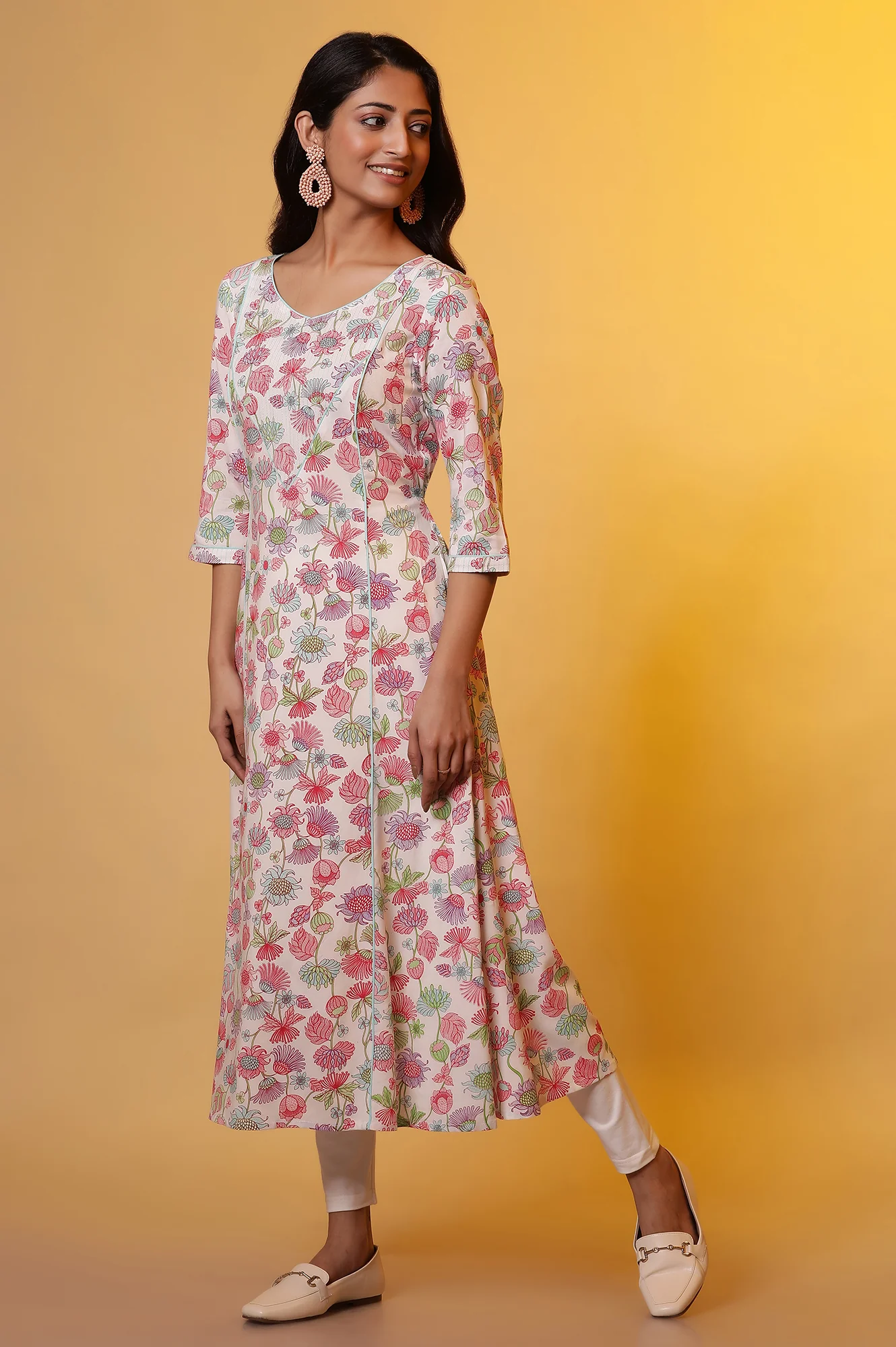 White Flared Kurta with Floral Print - Image 3