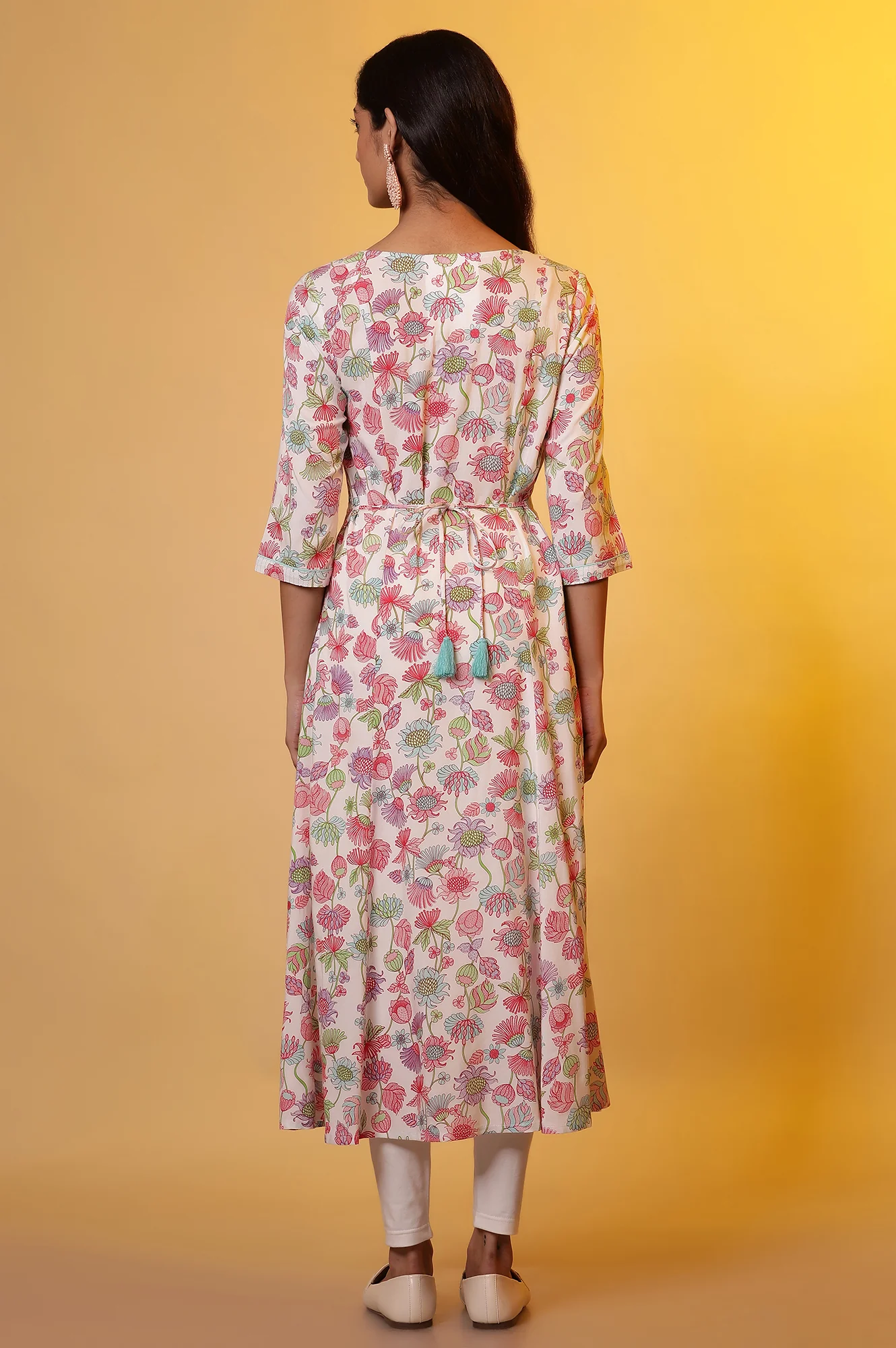 White Flared Kurta with Floral Print - Image 4