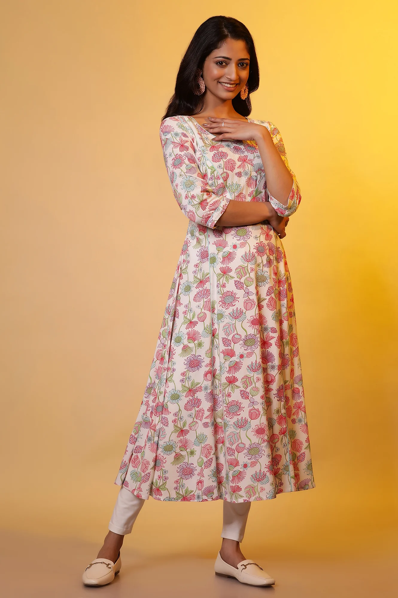 White Flared Kurta with Floral Print - Image 5