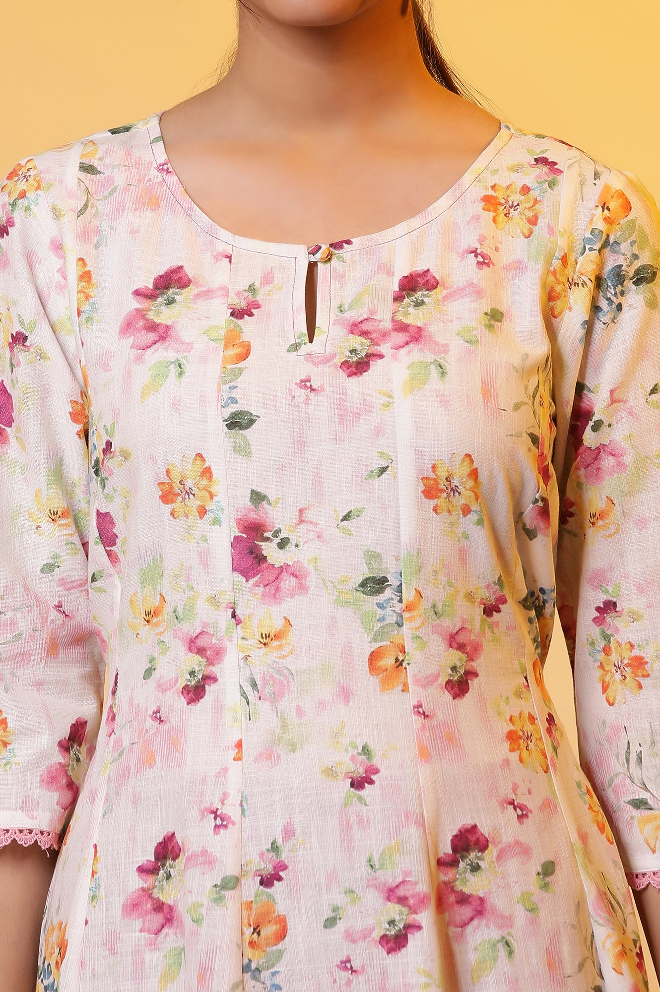 White Flared Kurta with Floral Print - Image 6