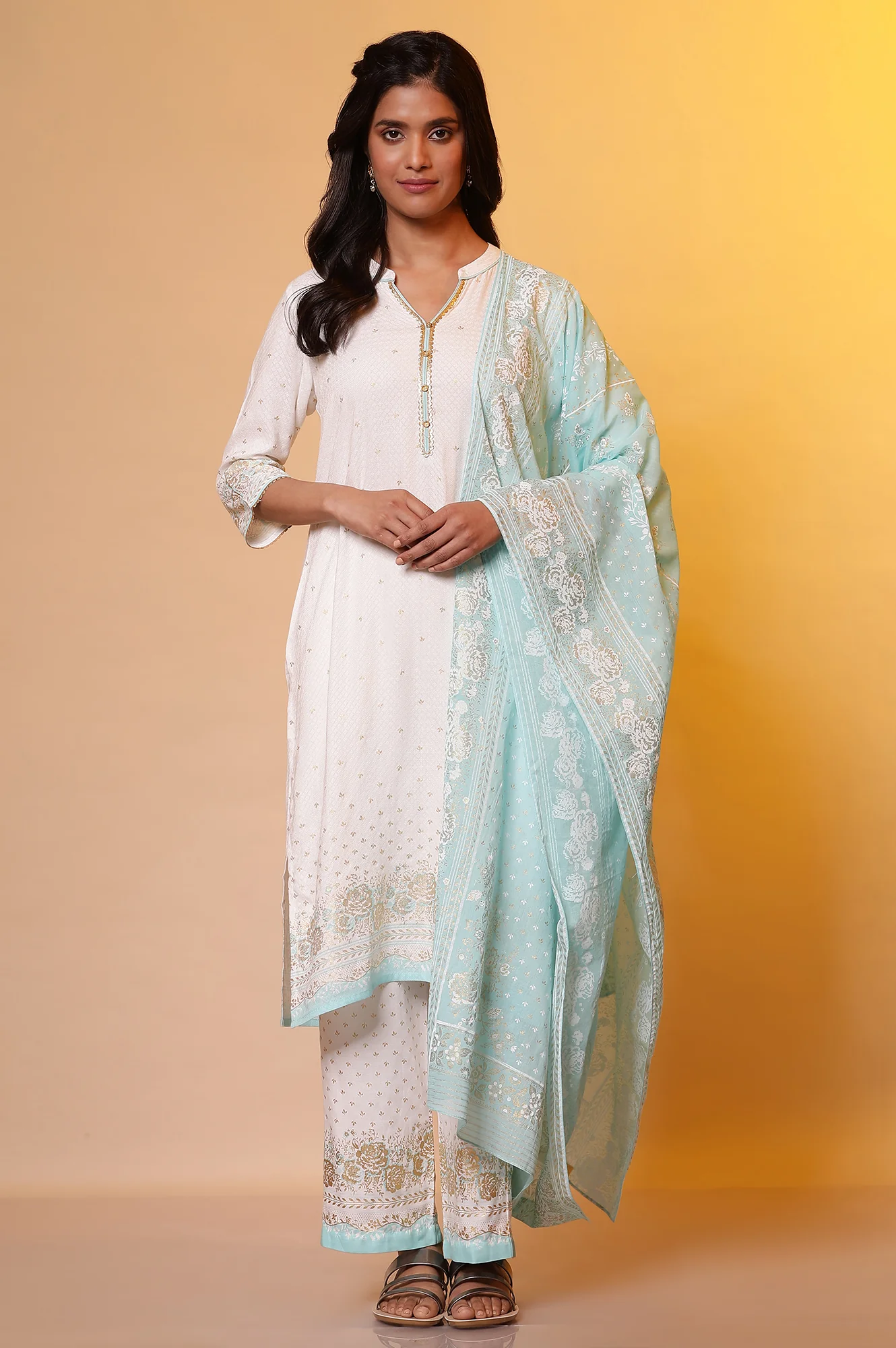 White Floral Foil Printed Kurta, Palazzo and Dupatta Set - Image 2
