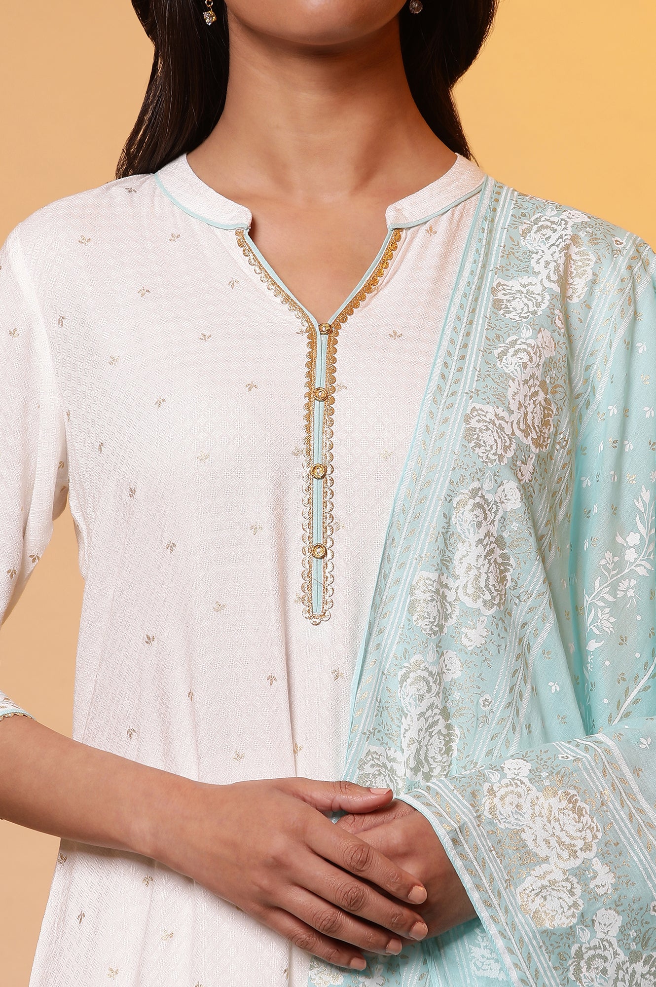 White Floral Foil Printed Kurta, Palazzo and Dupatta Set - Image 6