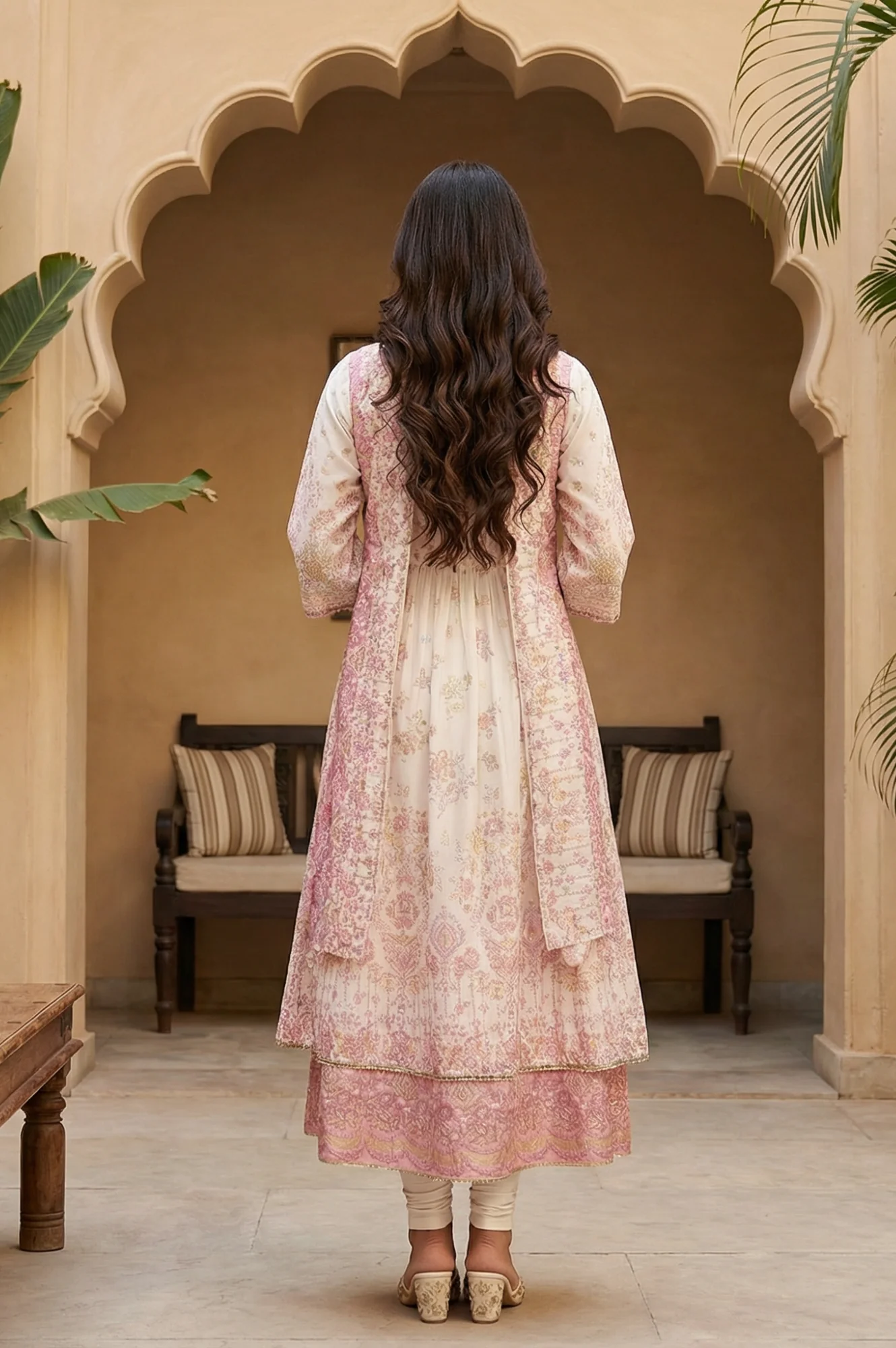 White Floral Foil Printed Pure Cotton Anarkali Kurta With Leggings And Dupatta Set - Image 4